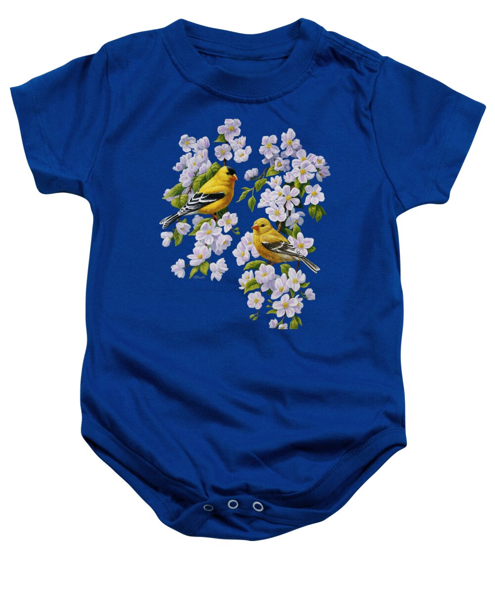 Bird Baby Onesie featuring the painting American Goldfinches and Apple Blossoms by Crista Forest
