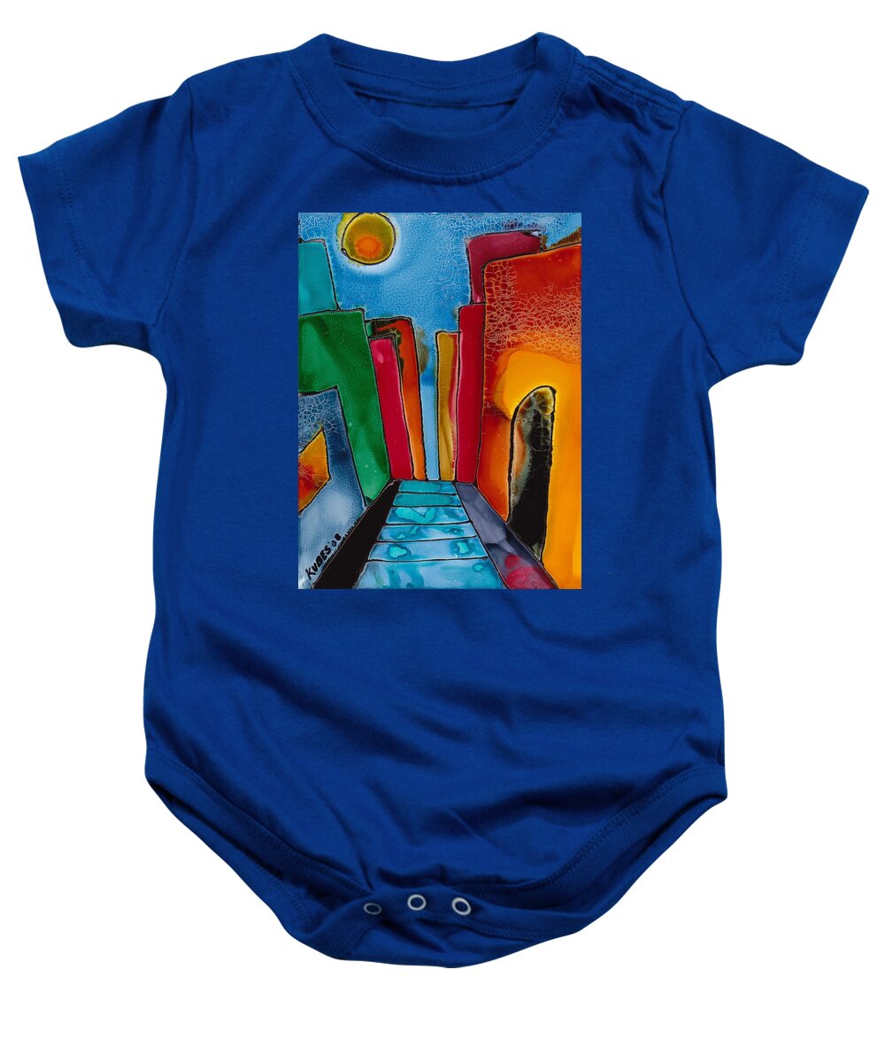 City Baby Onesie featuring the mixed media Ancient City by Susan Kubes