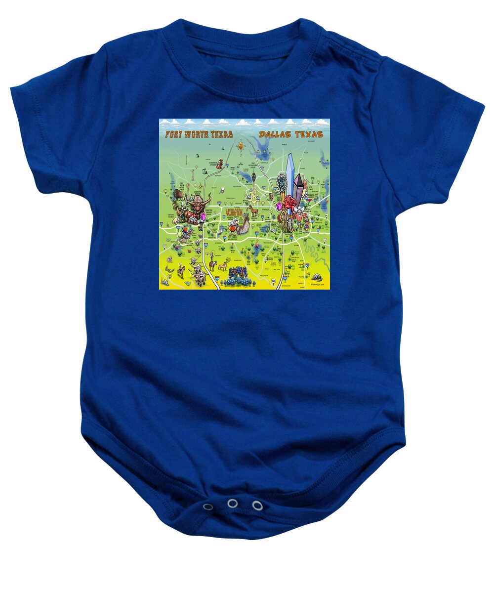 Dallas Baby Onesie featuring the painting Dallas Fort Worth Cartoon Map by Kevin Middleton