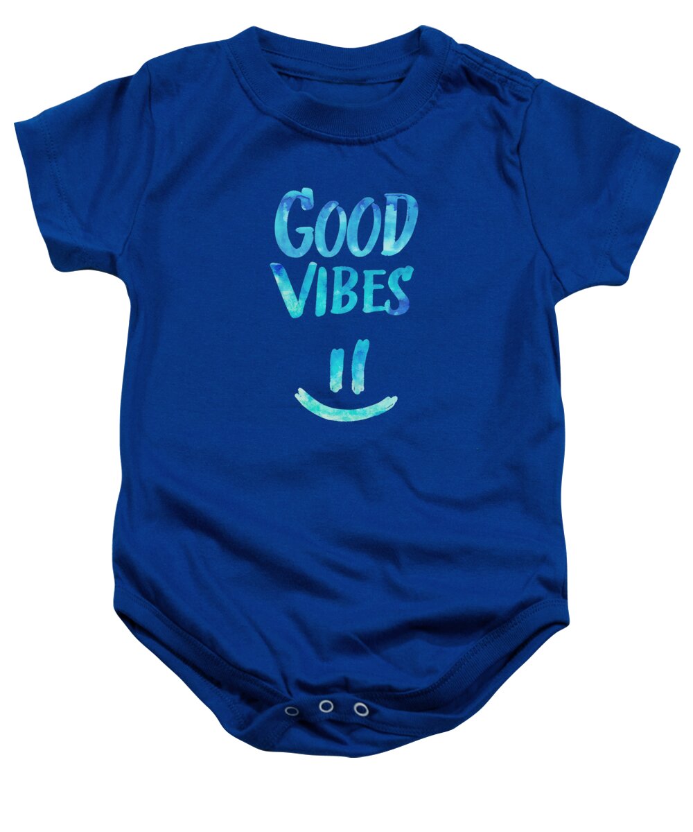 Good Vibes Baby Onesie featuring the digital art Good Vibes Funny Smiley Statement Happy Face Blue Stars Edit by Philipp Rietz