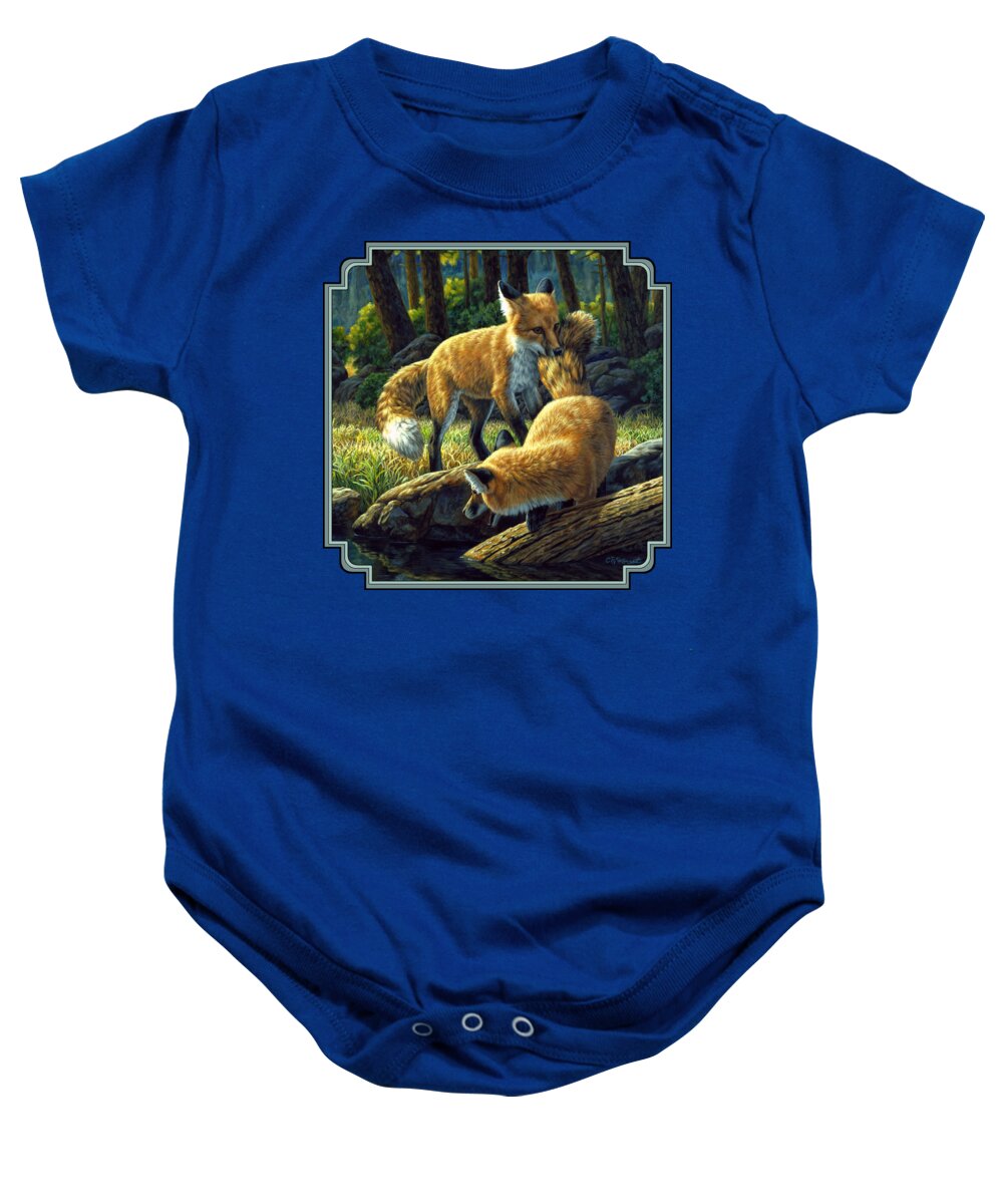 Fox Baby Onesie featuring the painting Red Foxes - Sibling Rivalry by Crista Forest