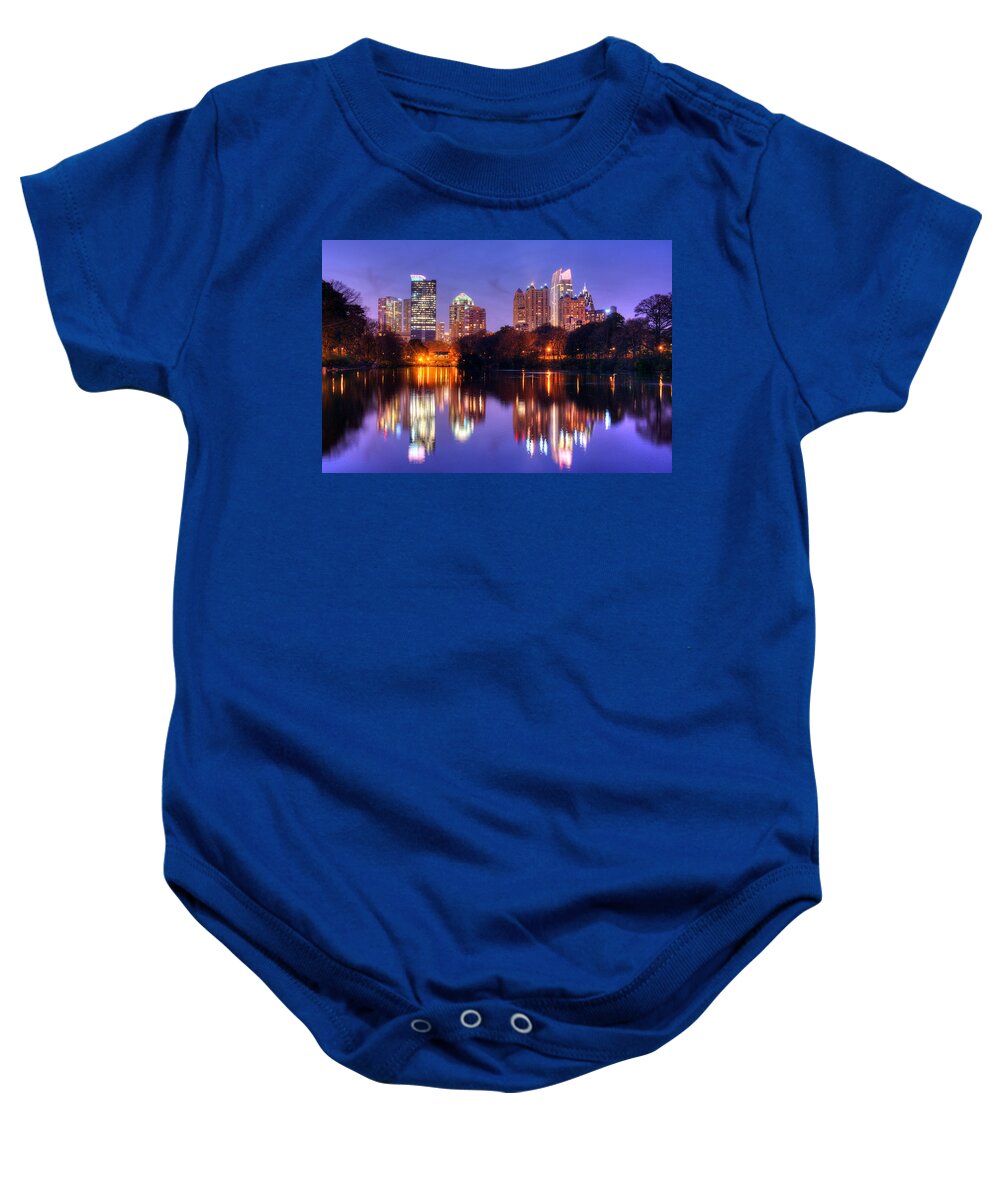 Atlanta Baby Onesie featuring the photograph Atlanta Skyline at Dusk Midtown Color Piedmont Park by Jon Holiday