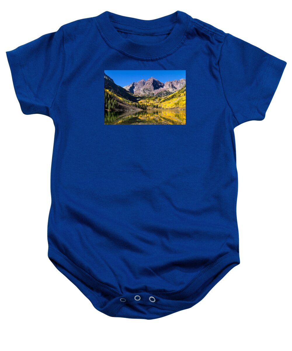 Aspen Baby Onesie featuring the photograph Autumn Morning at the Maroon Bells by Teri Virbickis