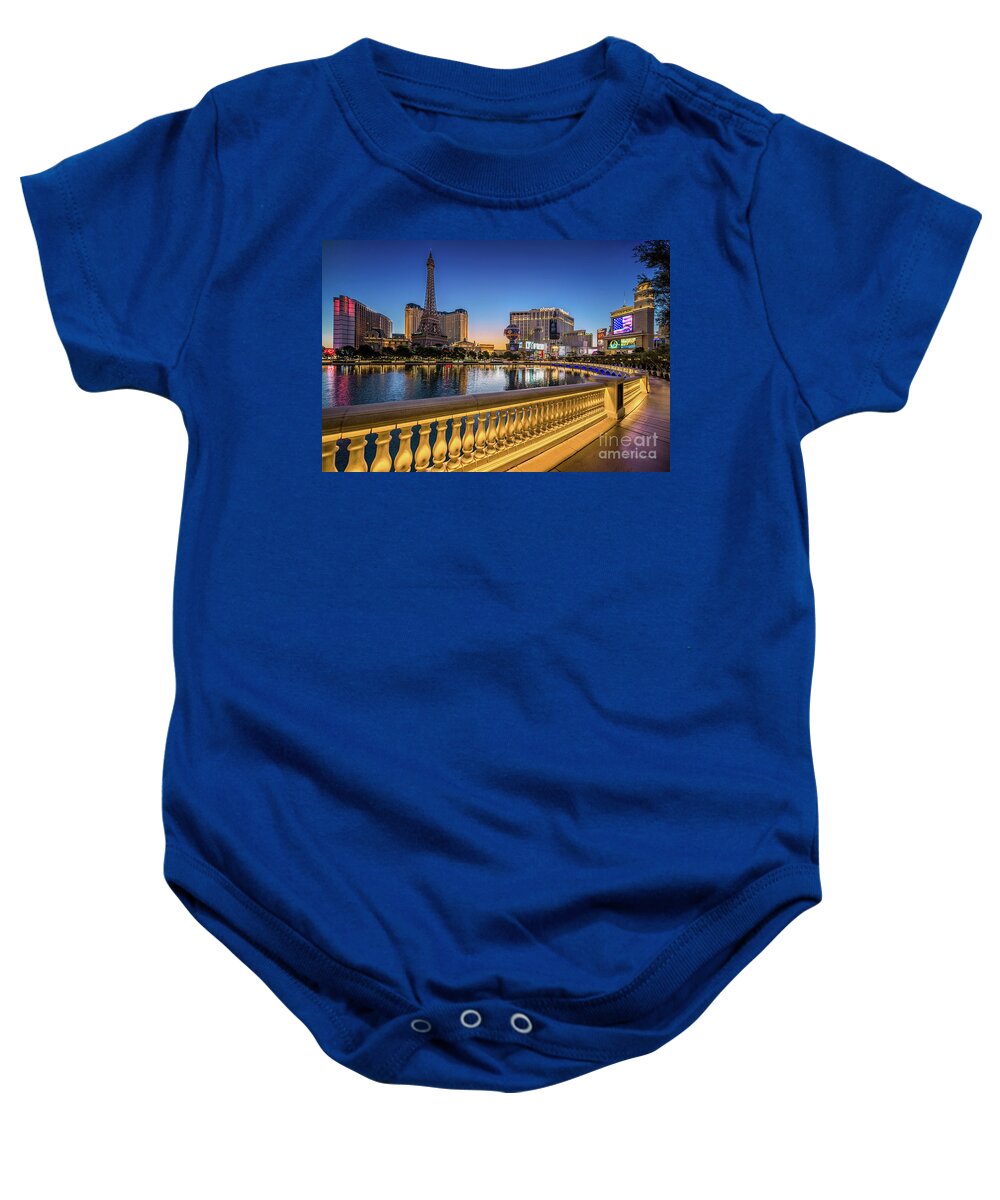 Eiffel Tower Baby Onesie featuring the photograph Ballys Paris Planet Hollywood Casino At Dawn Wide by Aloha Art