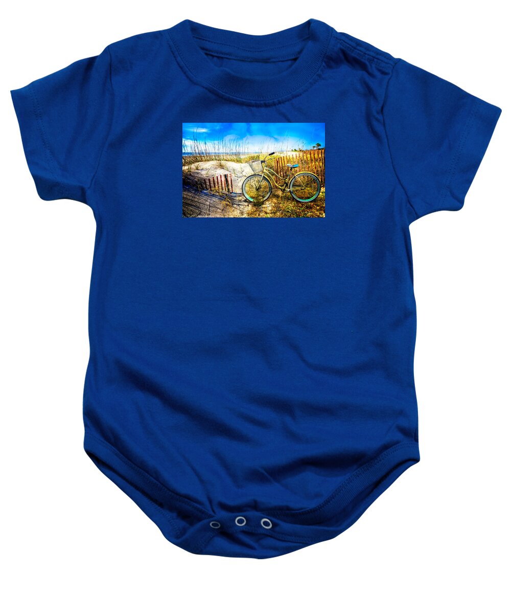 Clouds Baby Onesie featuring the photograph Beach Bike at the Dunes by Debra and Dave Vanderlaan