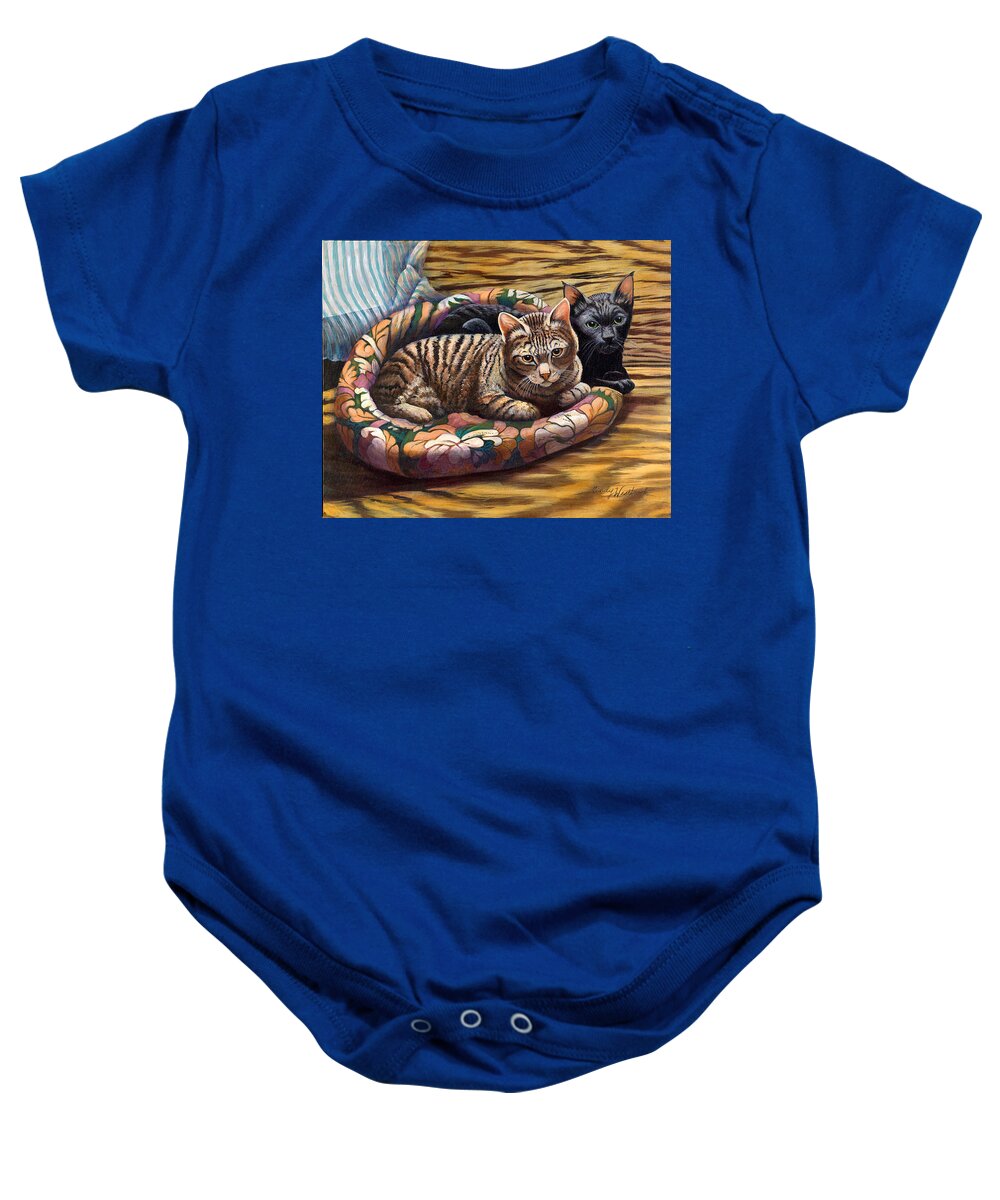 Cat Baby Onesie featuring the painting Blackie and Meowth by Cynthia Westbrook