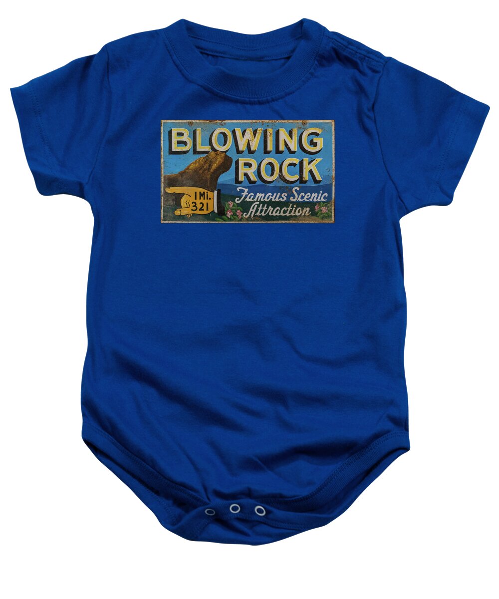 The Blowing Rock Baby Onesie featuring the photograph Blowing Rock Tourist Sign by John Haldane