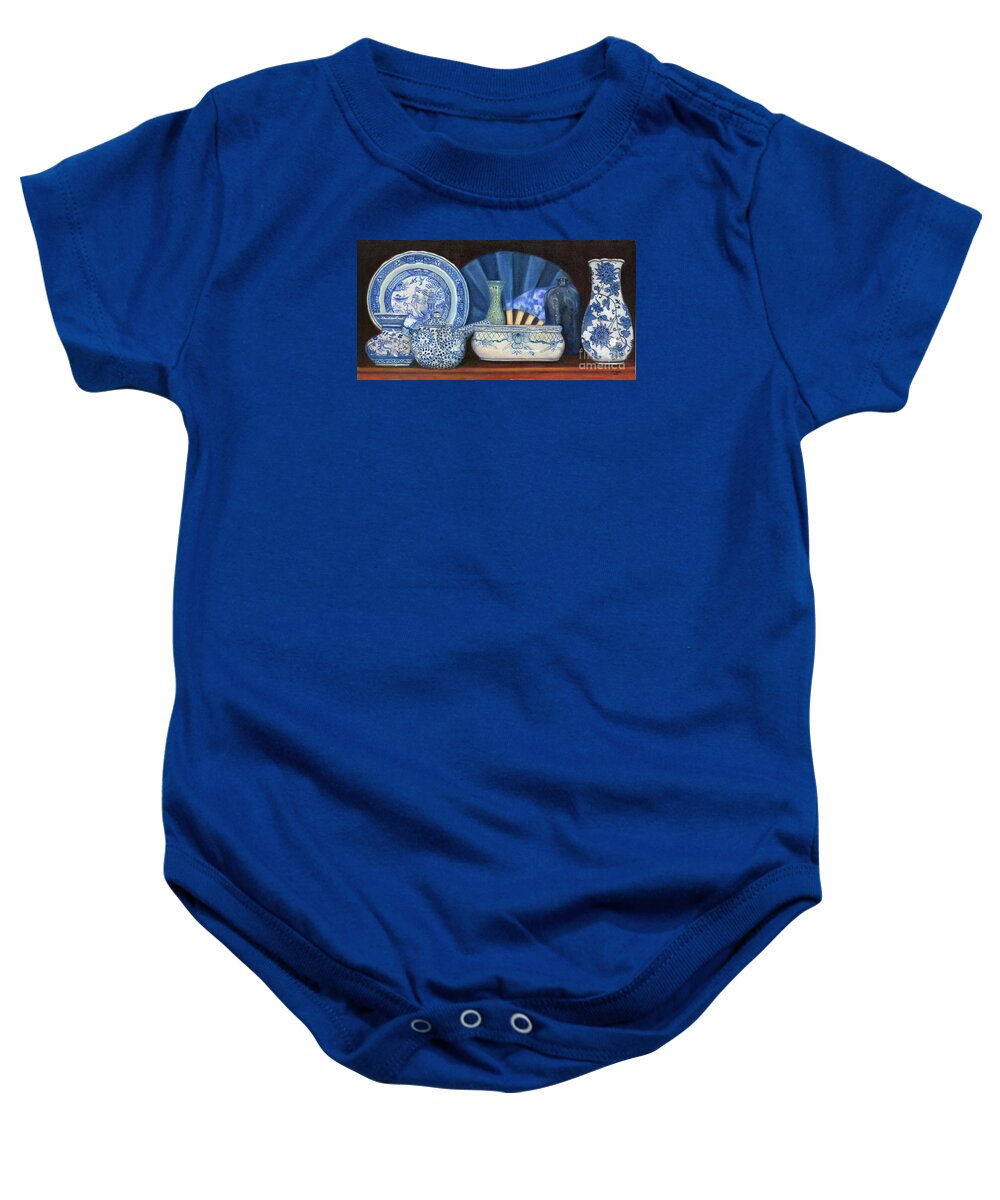 Still Life Baby Onesie featuring the painting Blue and White Porcelain Ware by Marlene Book