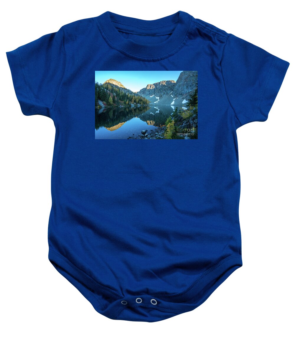 Blue Lake Baby Onesie featuring the photograph Blue Lake Larches by Mike Reid