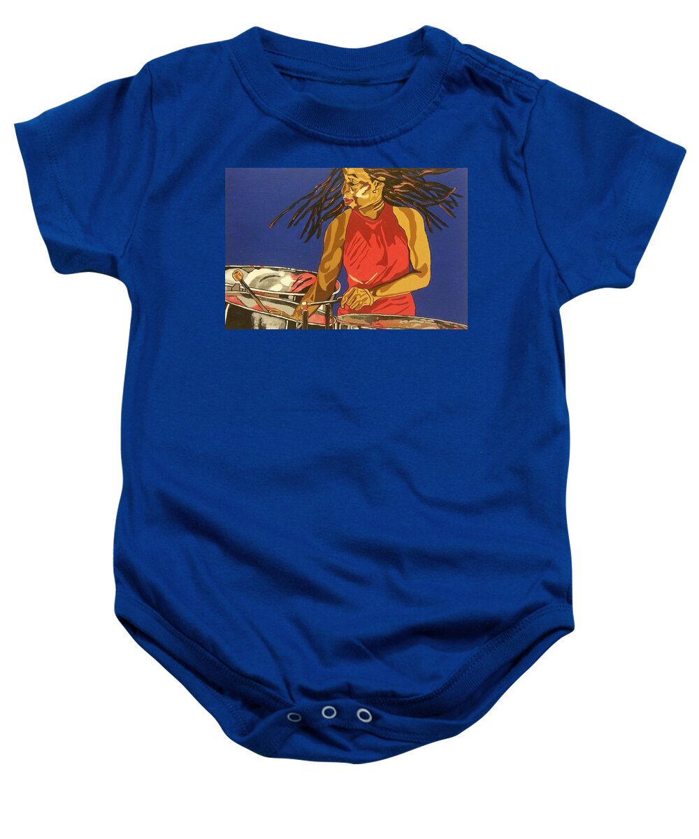 Steel Pan Baby Onesie featuring the painting Blue Steel by Rachel Natalie Rawlins