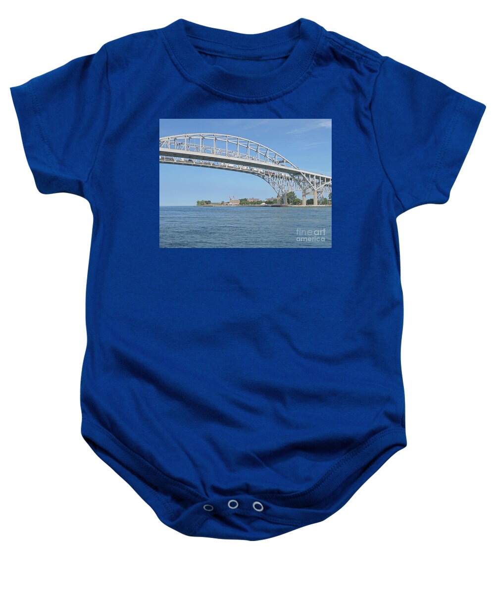Bridge Baby Onesie featuring the photograph Blue Water Bridge from Canada by Ann Horn