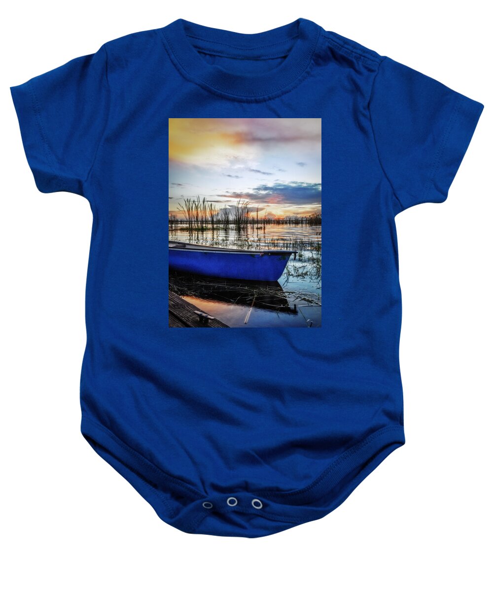 Boats Baby Onesie featuring the photograph Blues on the Water by Debra and Dave Vanderlaan