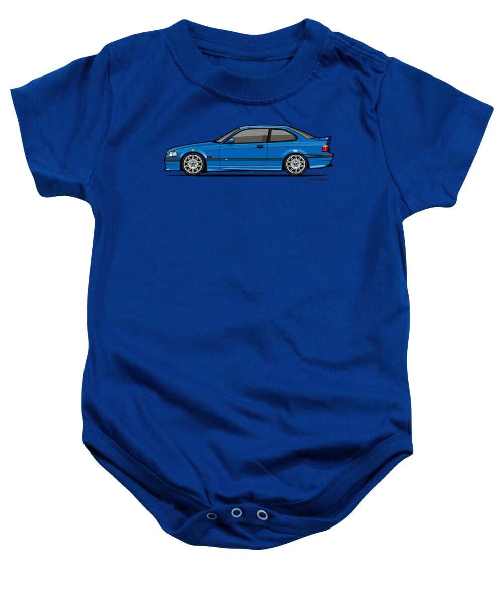 Car Baby Onesie featuring the digital art BMW 3 Series E36 M3 Coupe Estoril Blue by Tom Mayer II Monkey Crisis On Mars