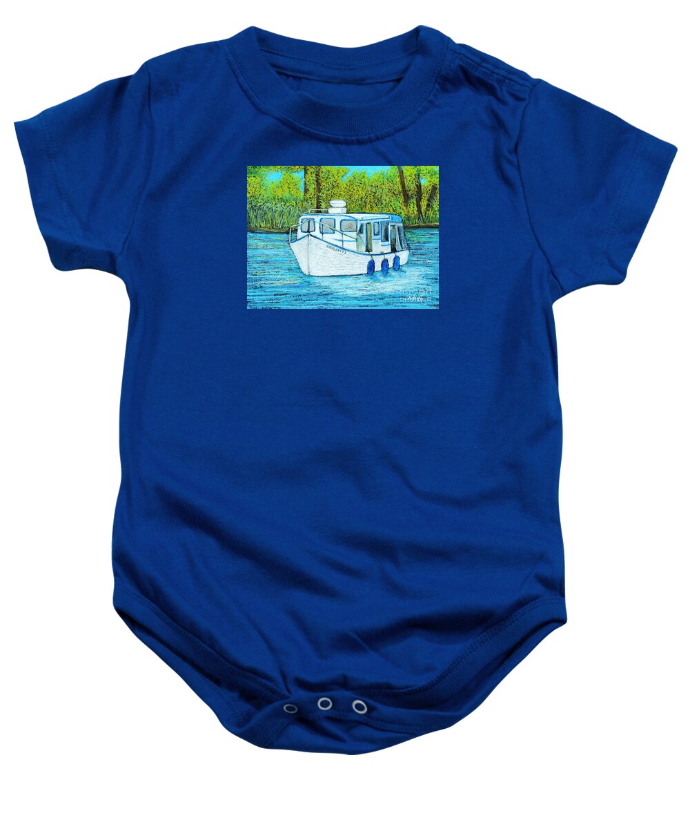 Boats Baby Onesie featuring the painting Boat on the River by Reb Frost