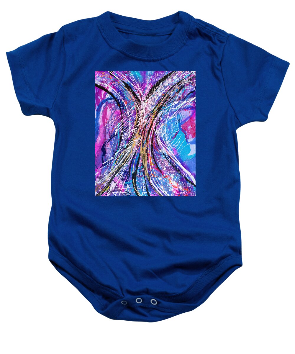 Original Contemporary Energetic Free Spirited Spontaneous Vibrant Abstract Dramatic Dynamic Baby Onesie featuring the painting Caboodle by Priscilla Batzell Expressionist Art Studio Gallery