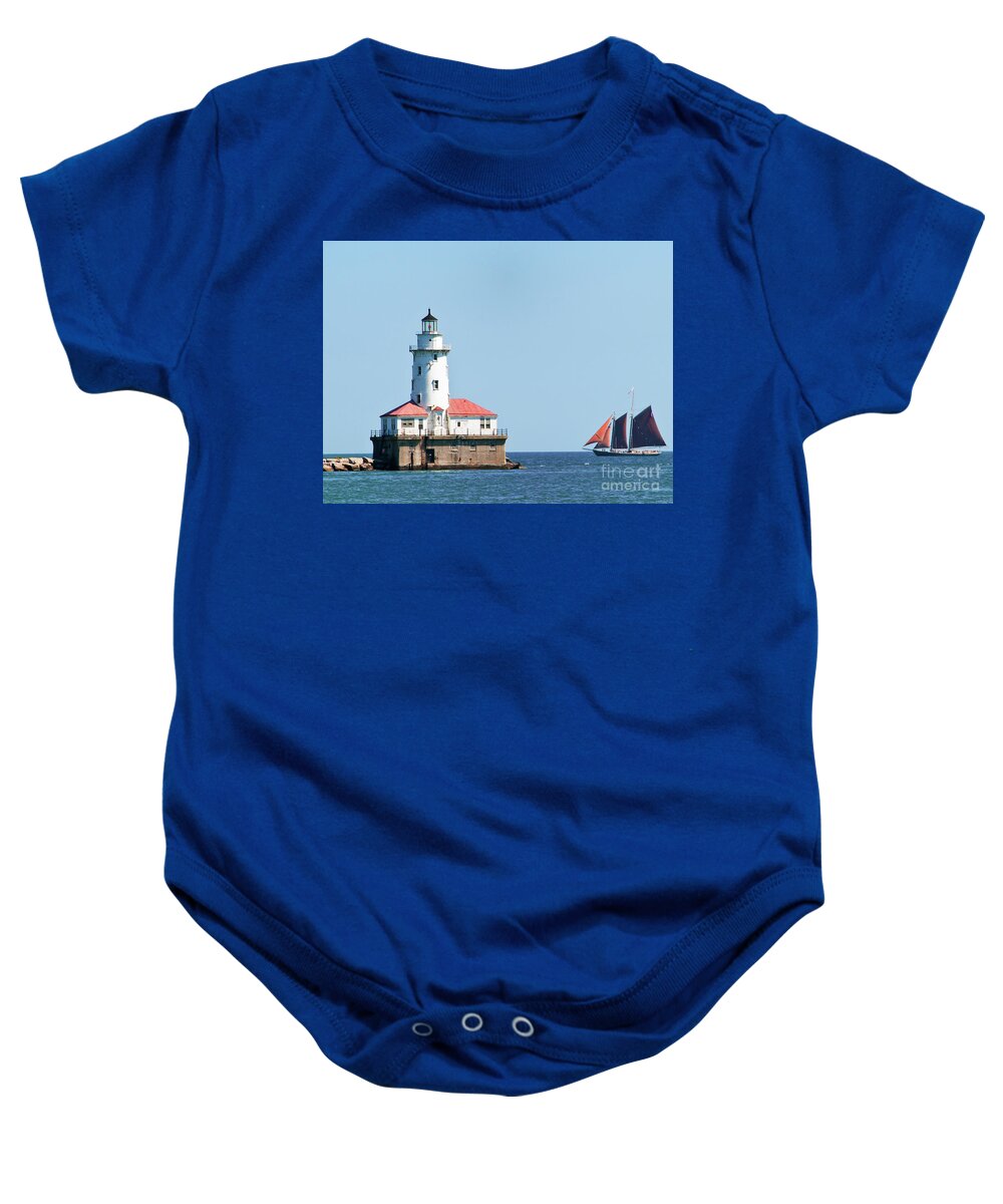 Boats Baby Onesie featuring the photograph Chicago Harbor Lighthouse and a Tall Ship by David Levin