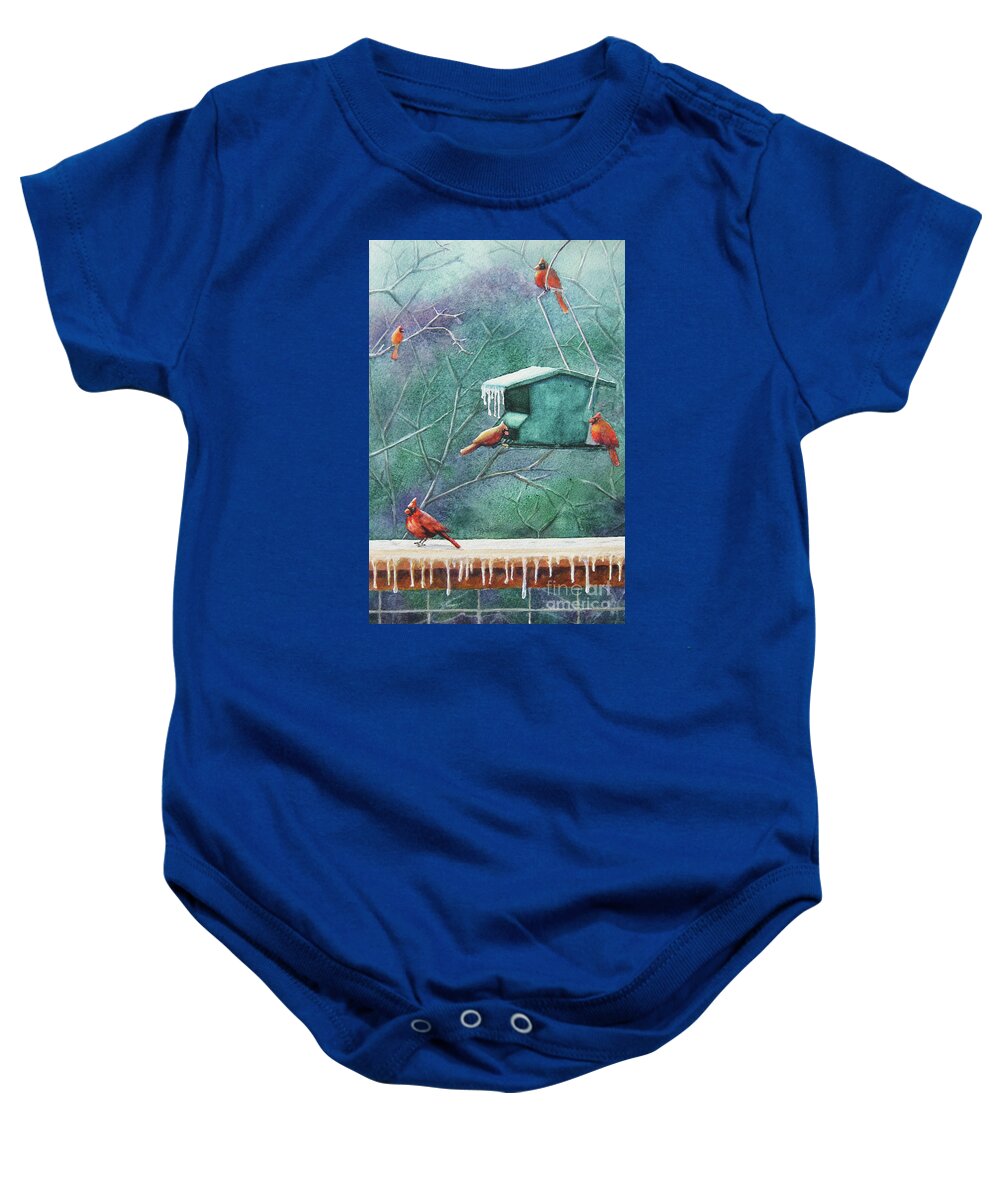 Nancy Charbeneau Baby Onesie featuring the painting Cold Cardinals by Nancy Charbeneau