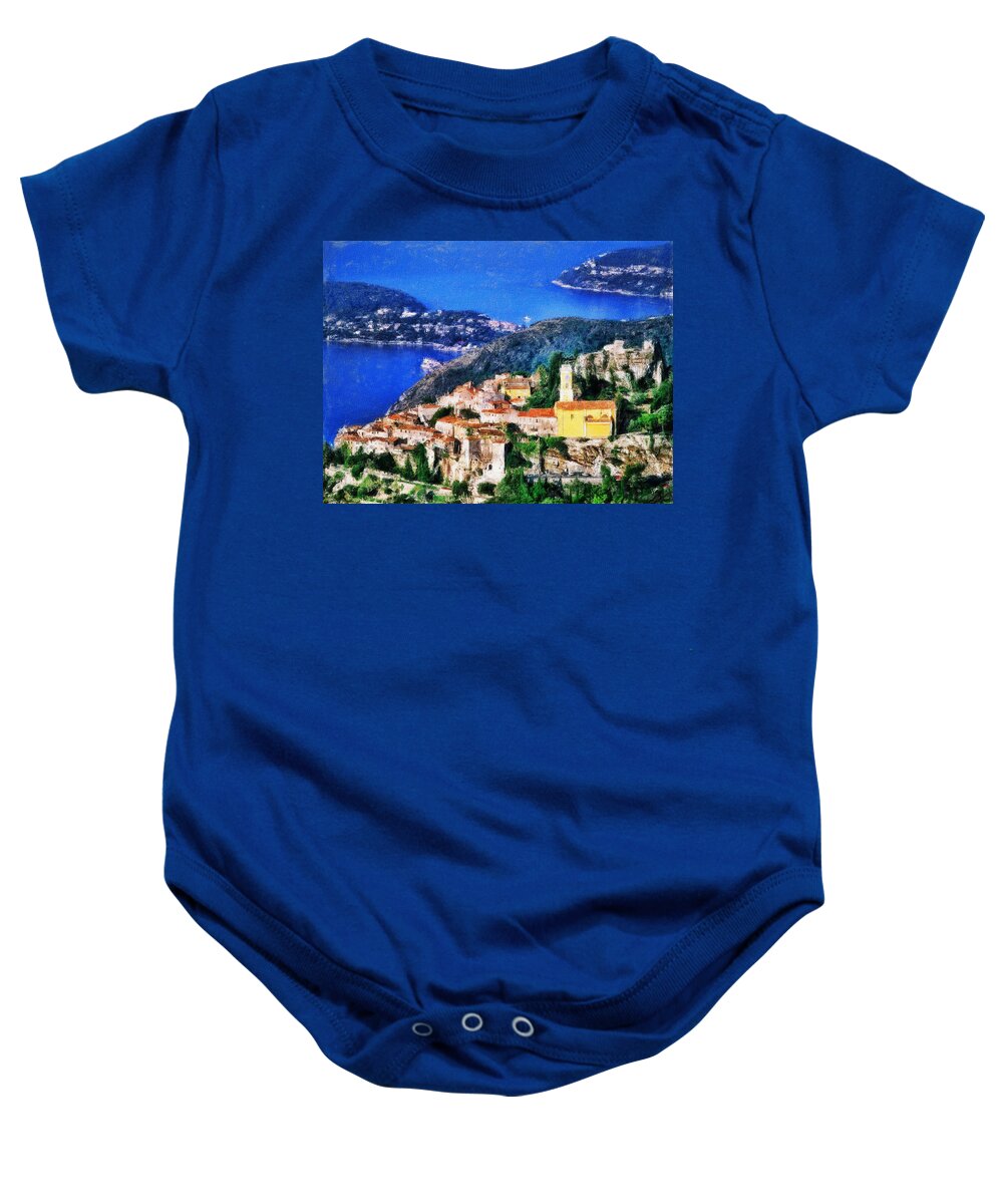 Skyline Baby Onesie featuring the painting Eze and Cap Ferrat by Dean Wittle