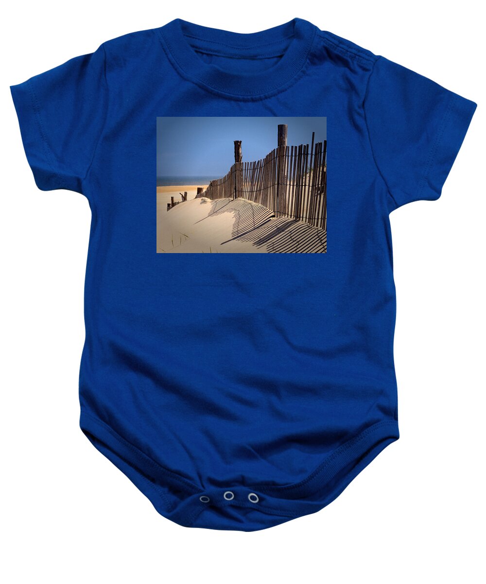 Fenwick Island Baby Onesie featuring the photograph Fenwick Dune Fence and Shadows by Bill Swartwout
