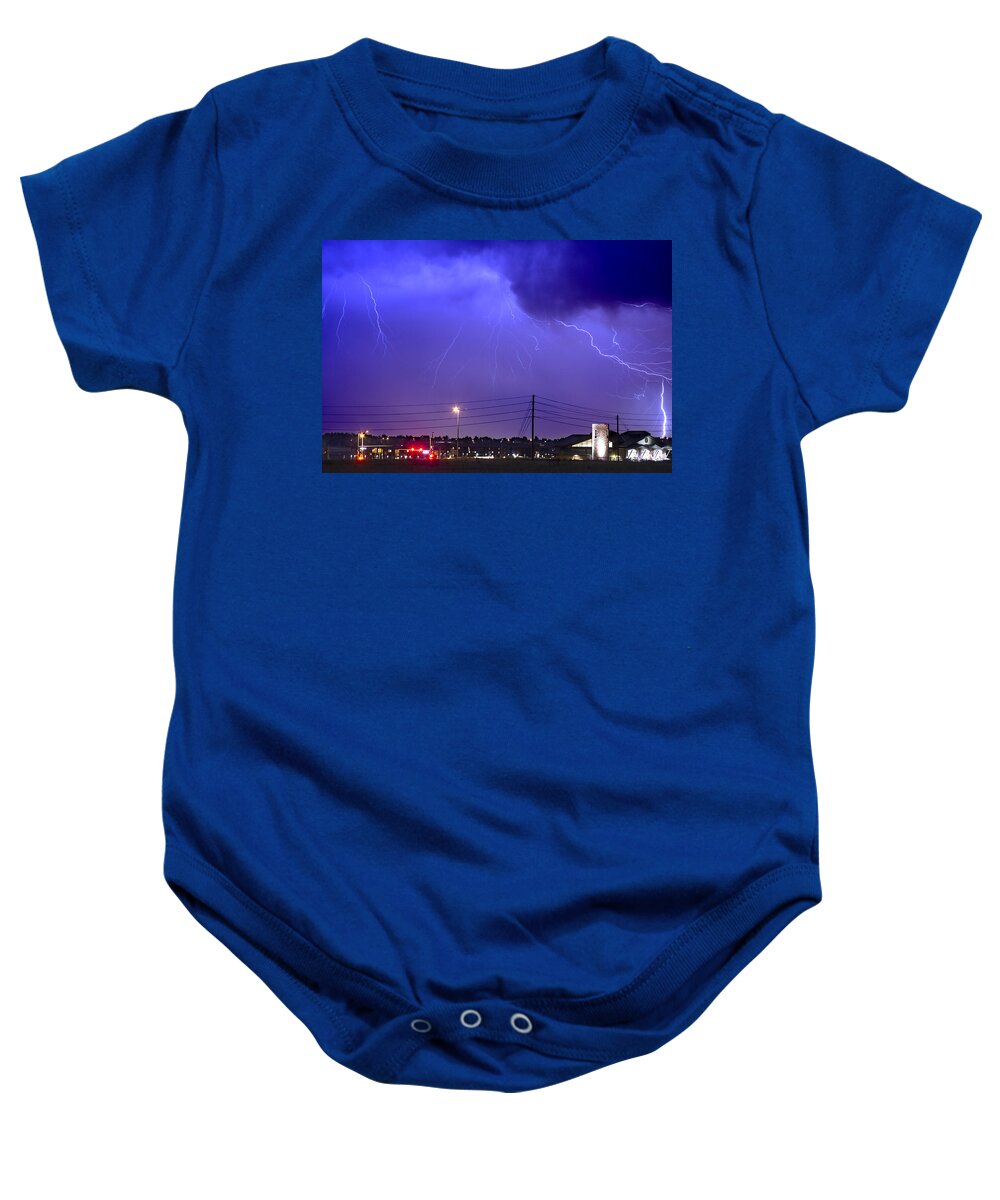 Boulder Baby Onesie featuring the photograph Fire Rescue Station 67 Lightning Thunderstorm by James BO Insogna
