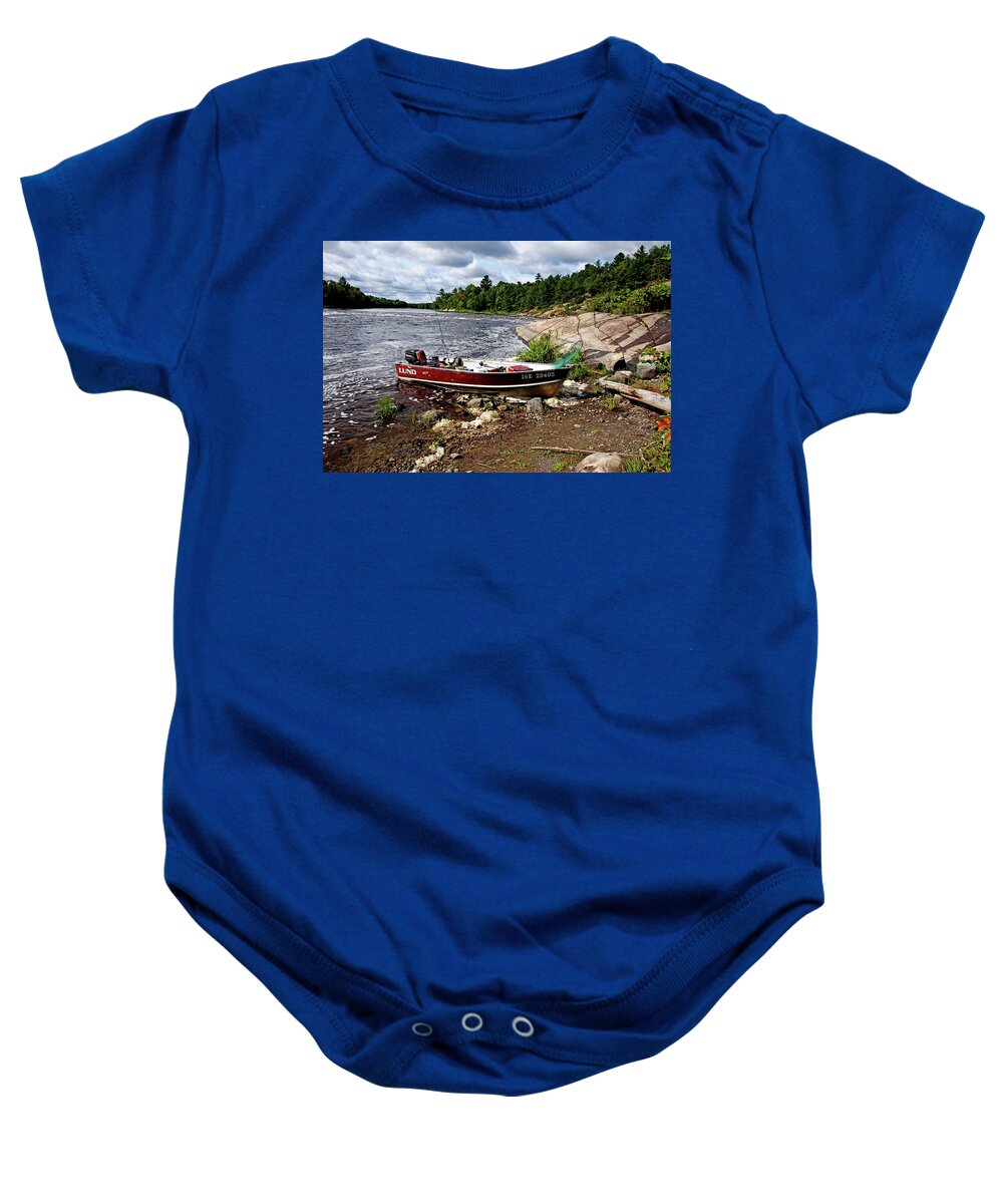 French River Baby Onesie featuring the photograph Fishing And Exploring by Debbie Oppermann