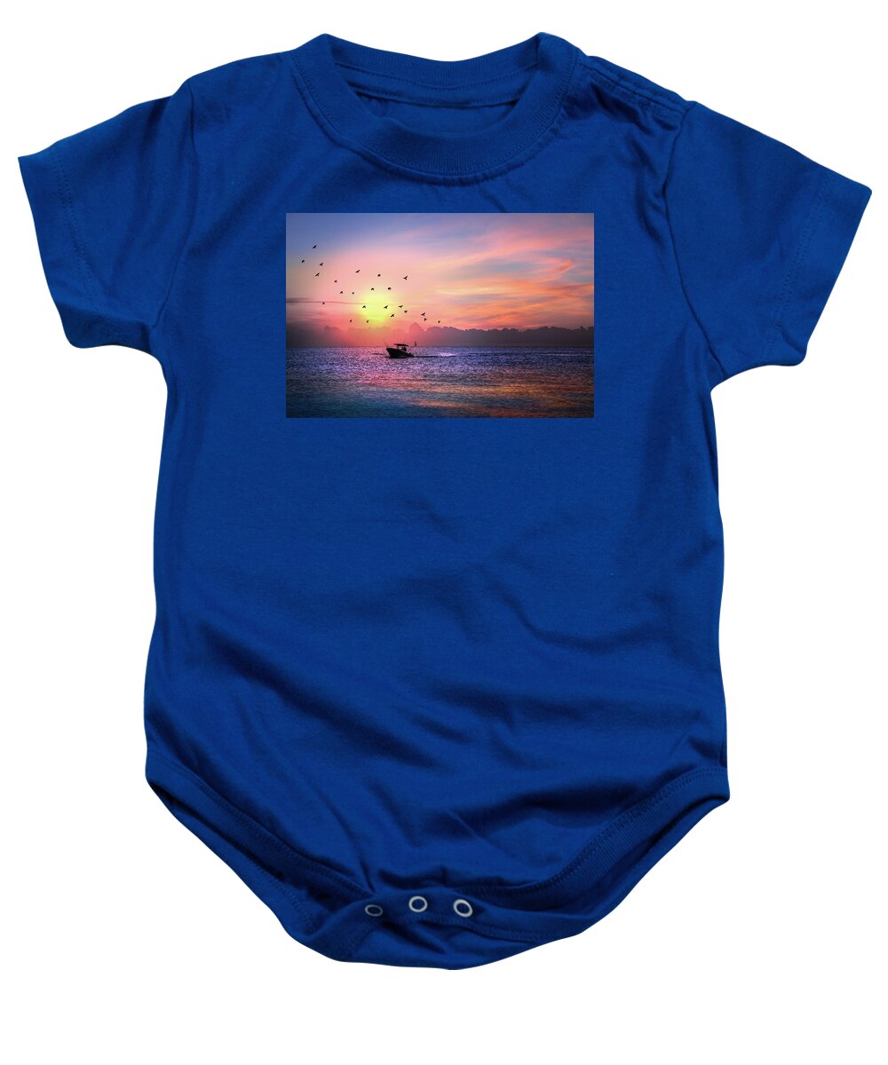 Bird Baby Onesie featuring the photograph Fishing Boat at Dawn by Debra and Dave Vanderlaan