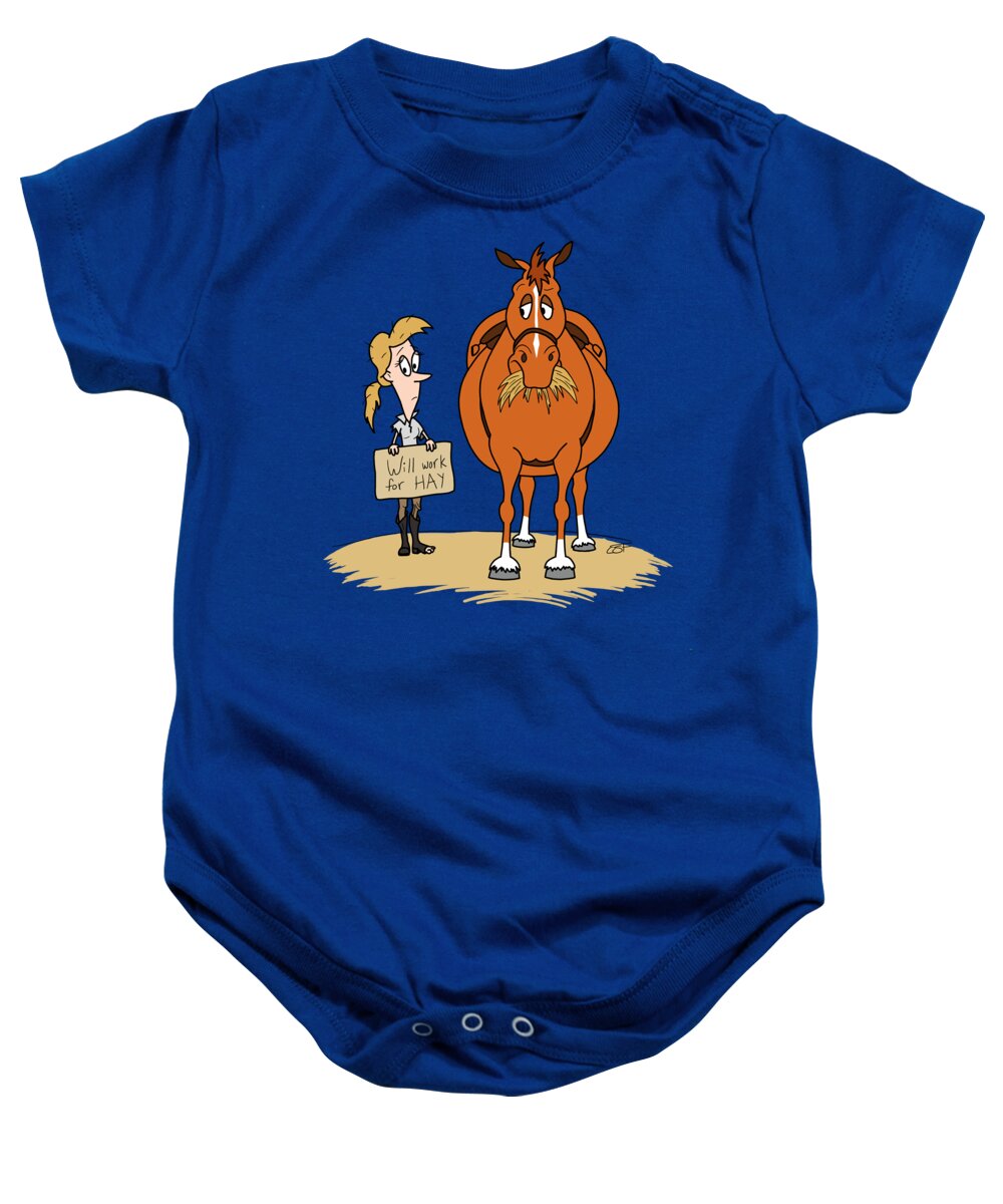 Horse Baby Onesie featuring the painting Funny Fat Cartoon Horse Woman Will Work for Hay by Crista Forest