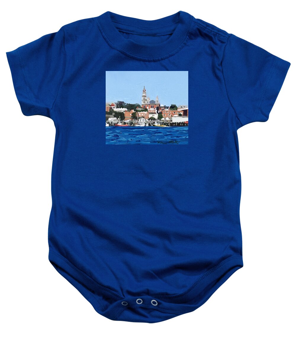 Gloucester Baby Onesie featuring the photograph Gloucester, MA City Hall from Inner Harbor by Melissa Abbott