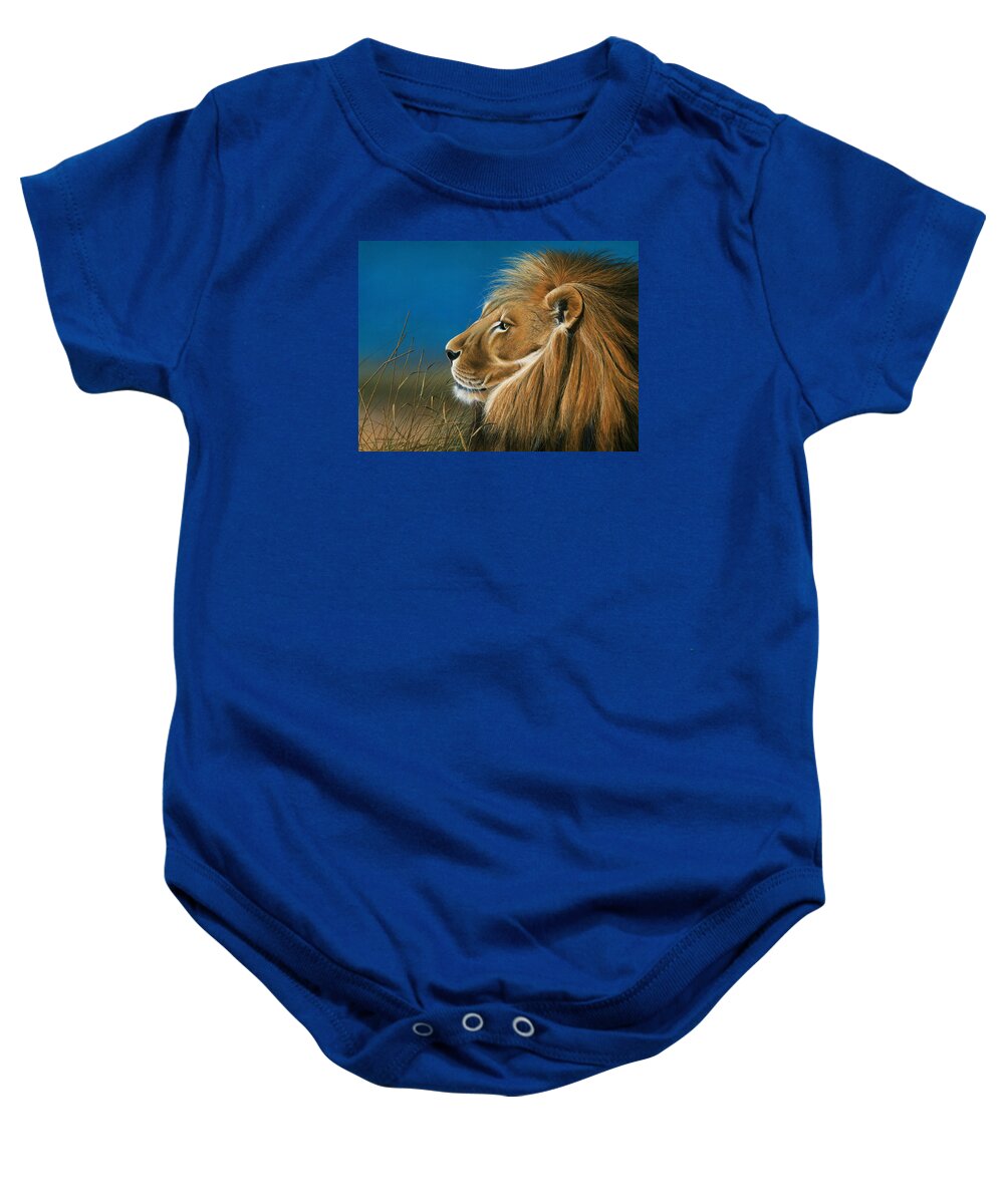 Lion Baby Onesie featuring the painting Golden Sentinal by Mike Brown