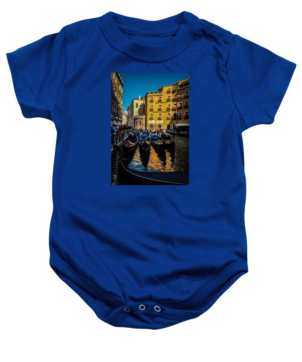 Venice Baby Onesie featuring the photograph Gondola Reflections by Pamela Newcomb