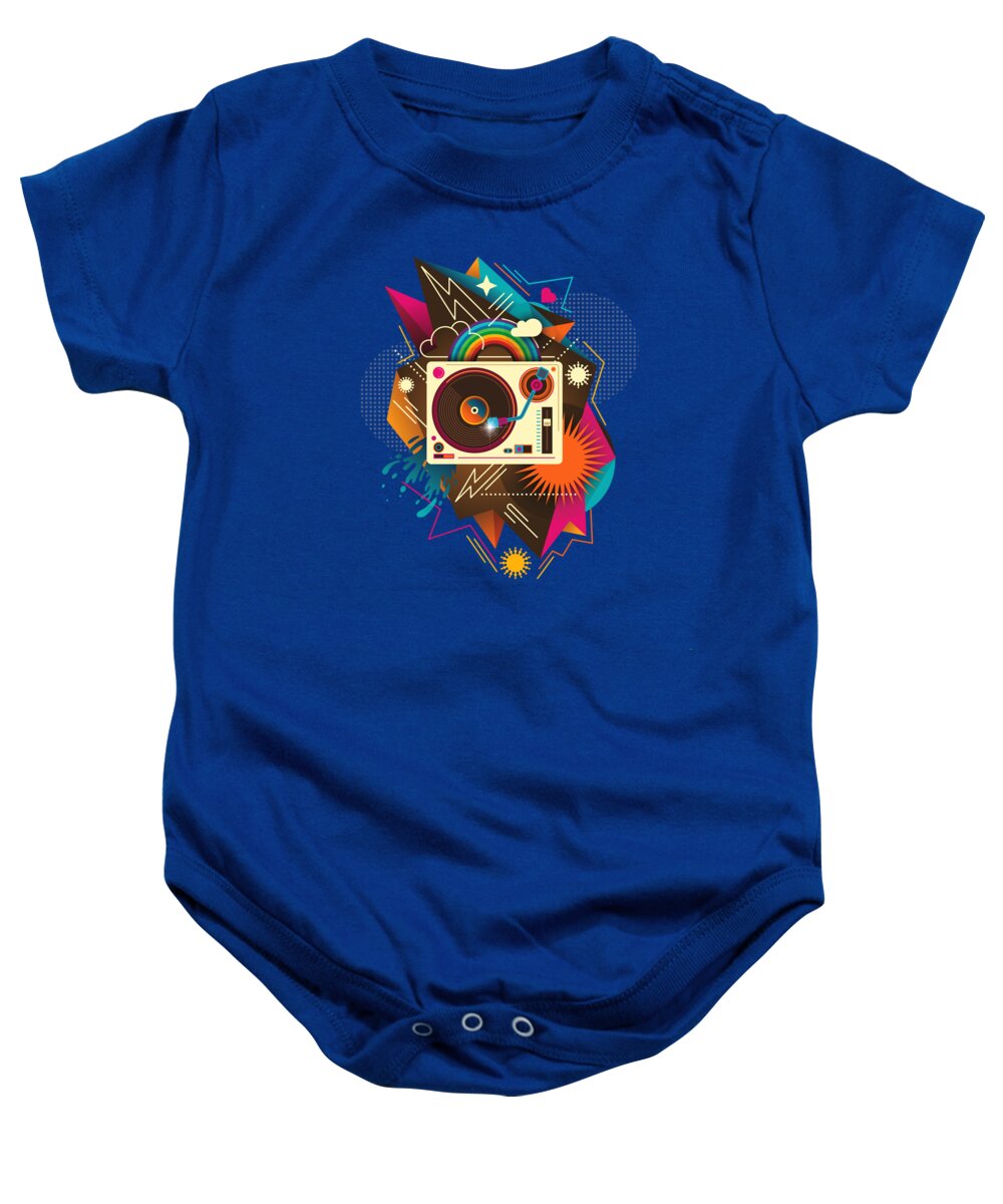Albums Baby Onesie featuring the painting Goodtime Party Music Retro Rainbow Turntable Graphic by Little Bunny Sunshine