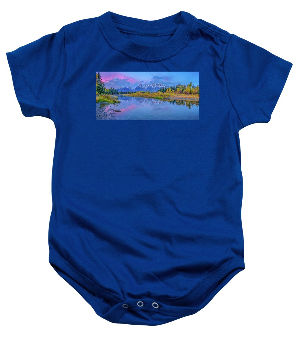 Adventure Baby Onesie featuring the photograph Grand Teton Sunrise Panoramic by Scott McGuire