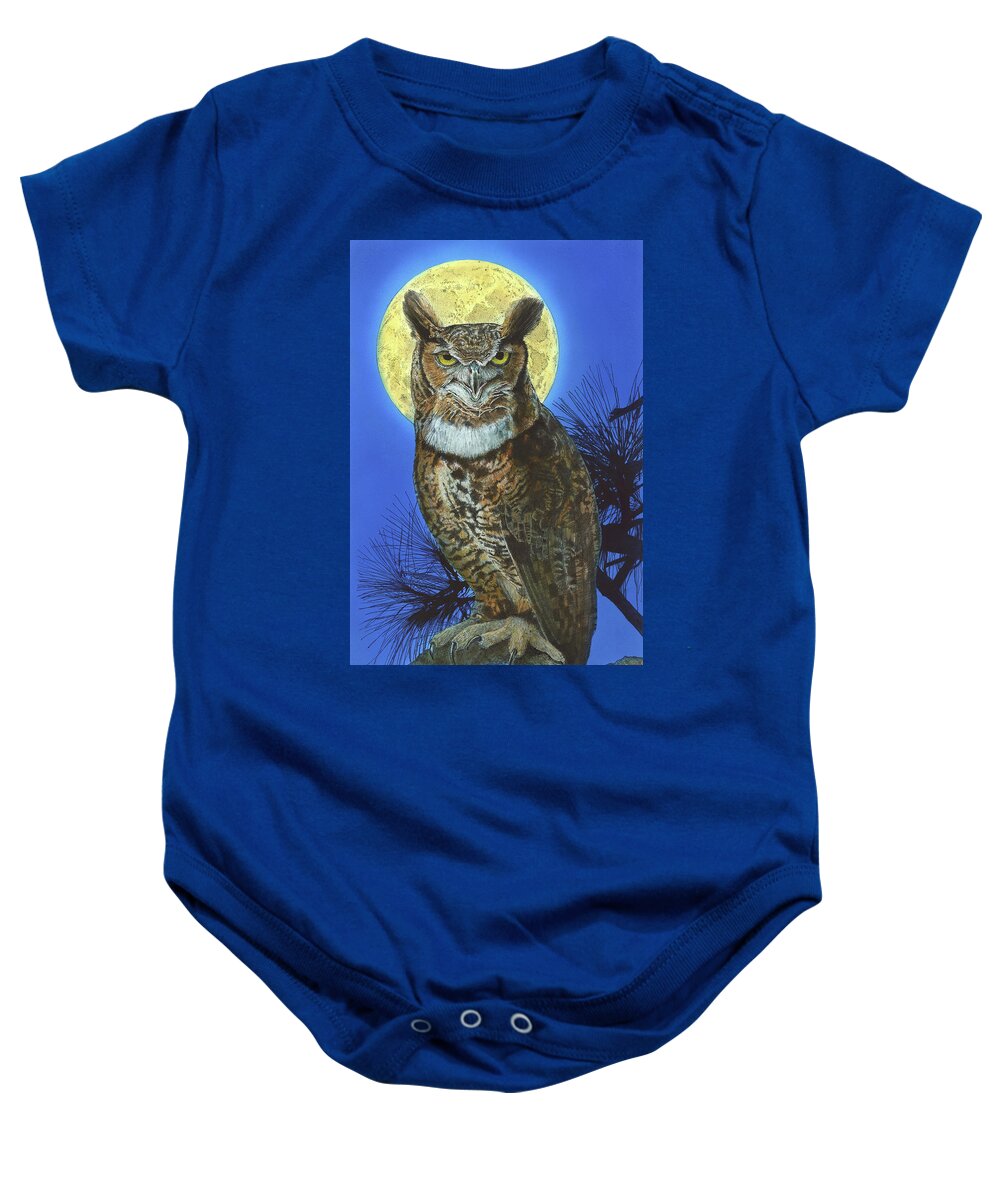 Great Horned Owl Baby Onesie featuring the painting Great Horned Owl 2 by John Dyess