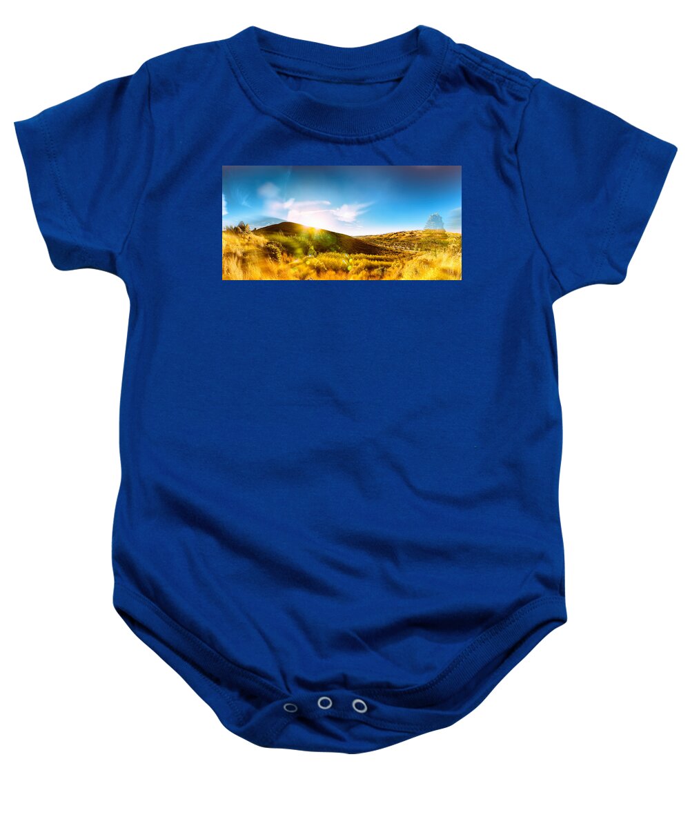 Reno Baby Onesie featuring the photograph High Desert Autumn Sunset with Double Exposure, Warm Tones and Lens Flare by Brian Ball