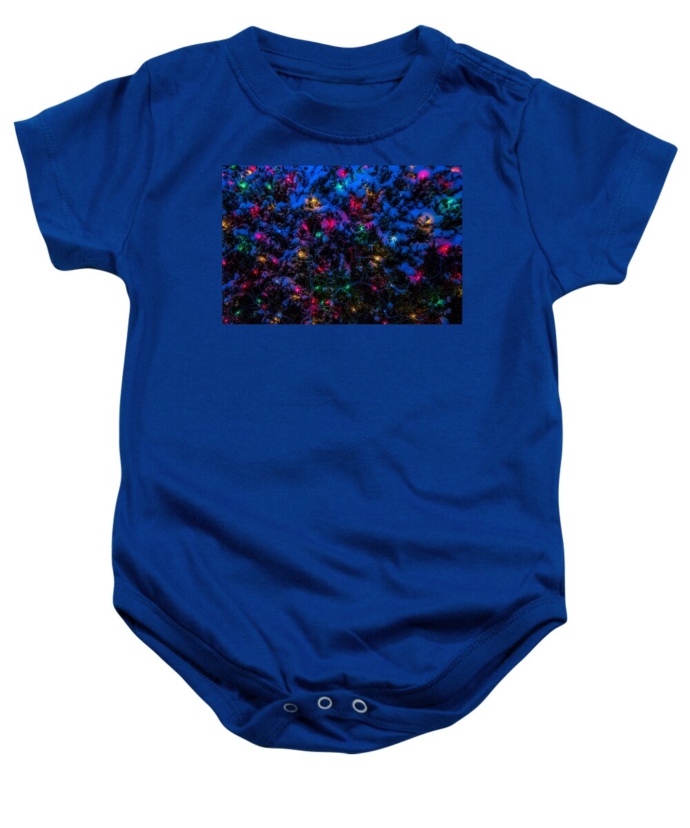 Snow Baby Onesie featuring the photograph Holiday Lights in Snow by Allin Sorenson