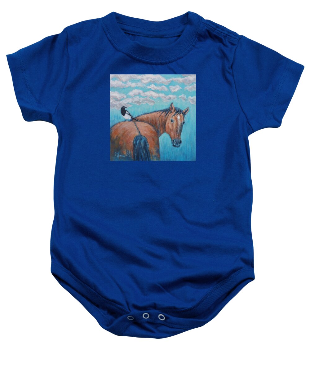 Horse Painting Baby Onesie featuring the painting Horse and Magpie by Gina Grundemann