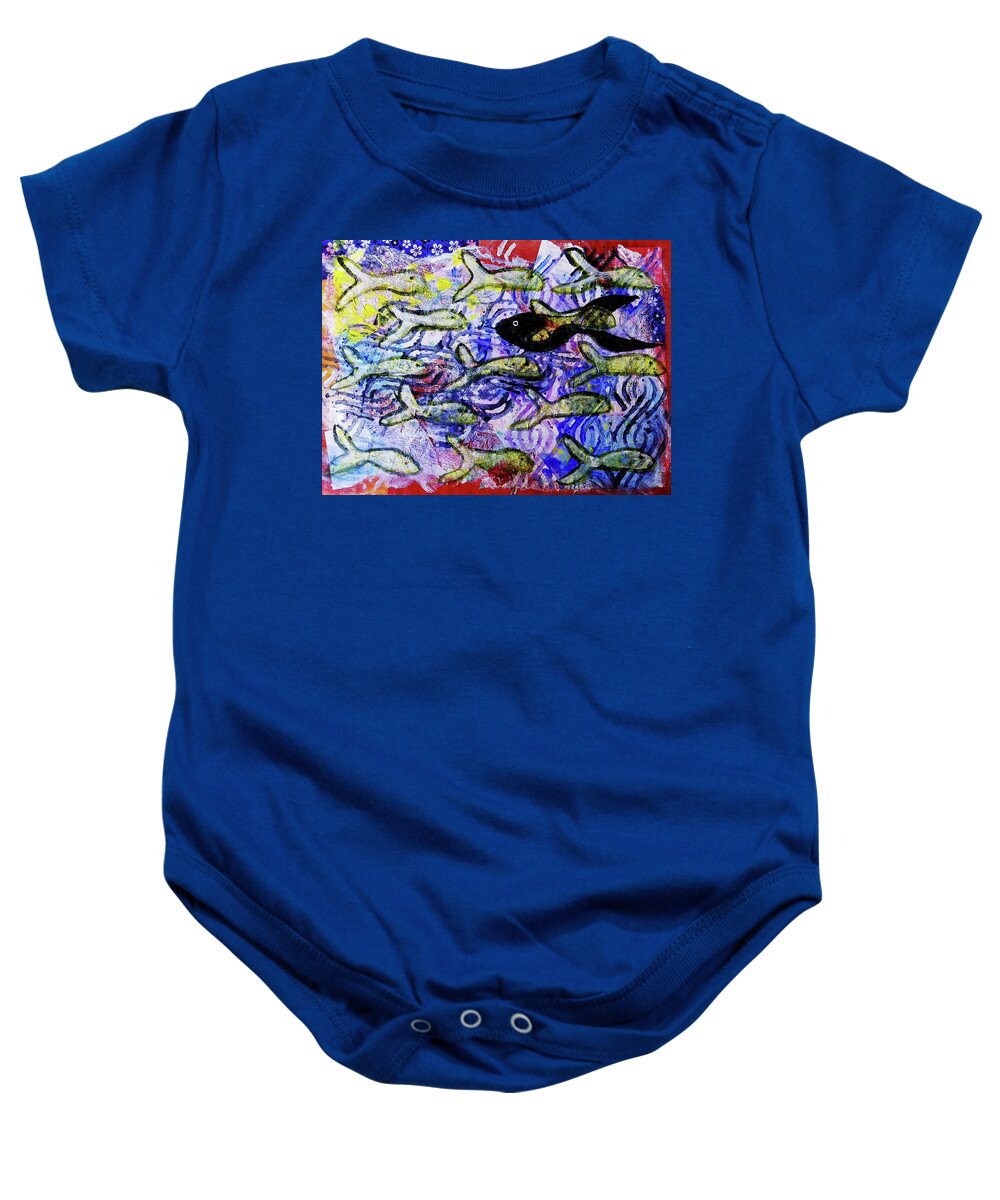 Fish Baby Onesie featuring the mixed media I'm The Black Fish Of The Family by Mimulux Patricia No