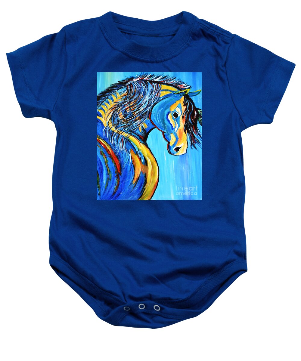 Horse Baby Onesie featuring the painting Indian Blue Horse by Kathleen Artist PRO