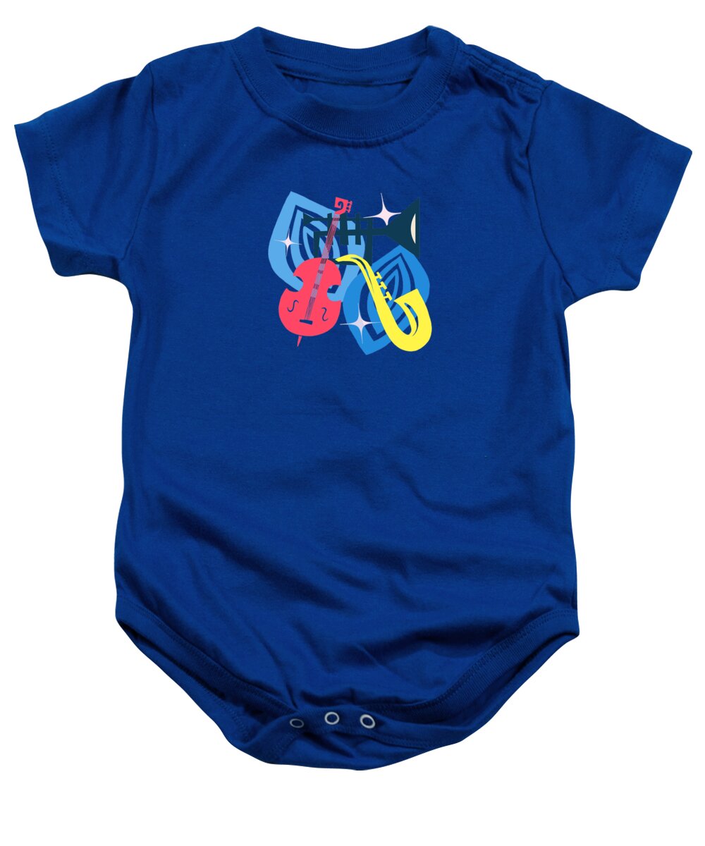 Painting Baby Onesie featuring the painting Jazz Composition With Bass, Saxophone And Trumpet by Little Bunny Sunshine
