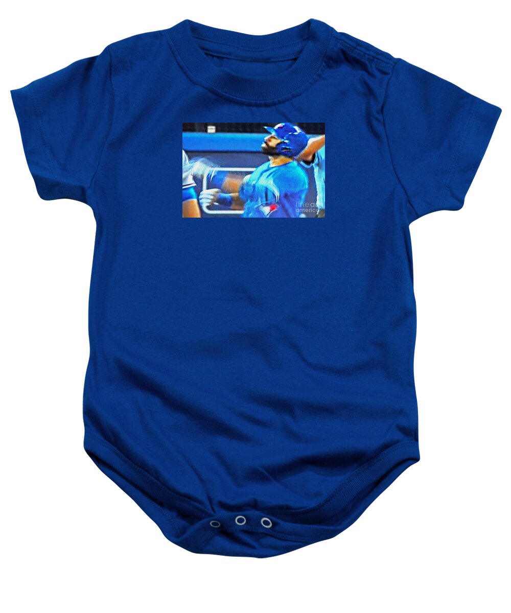 Blue Jays Baby Onesie featuring the digital art Jose Bautista's Famous Bat Flip by Nina Silver