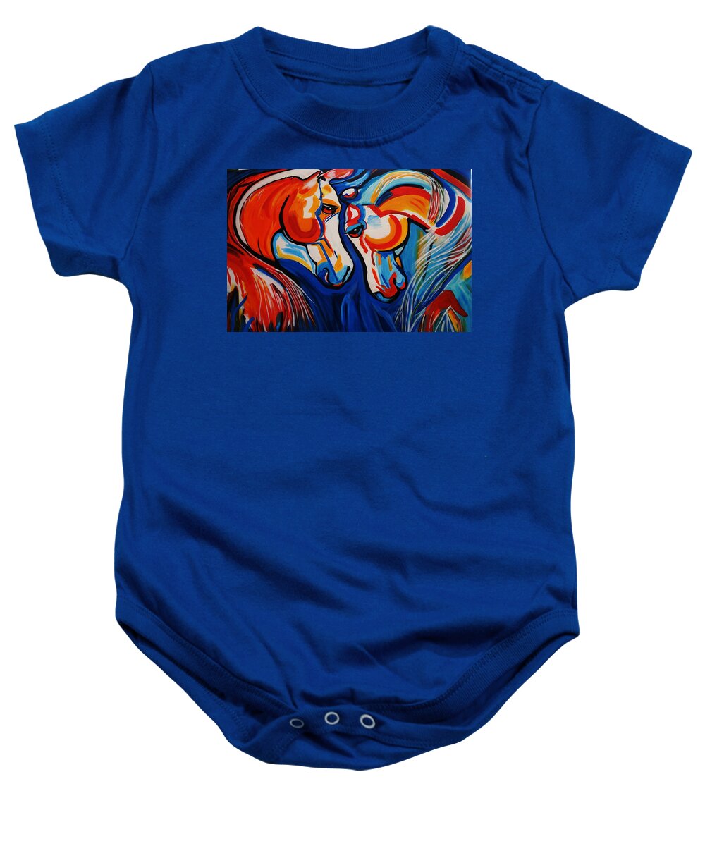 Abstract Baby Onesie featuring the painting Just Horsing Around by Nora Shepley