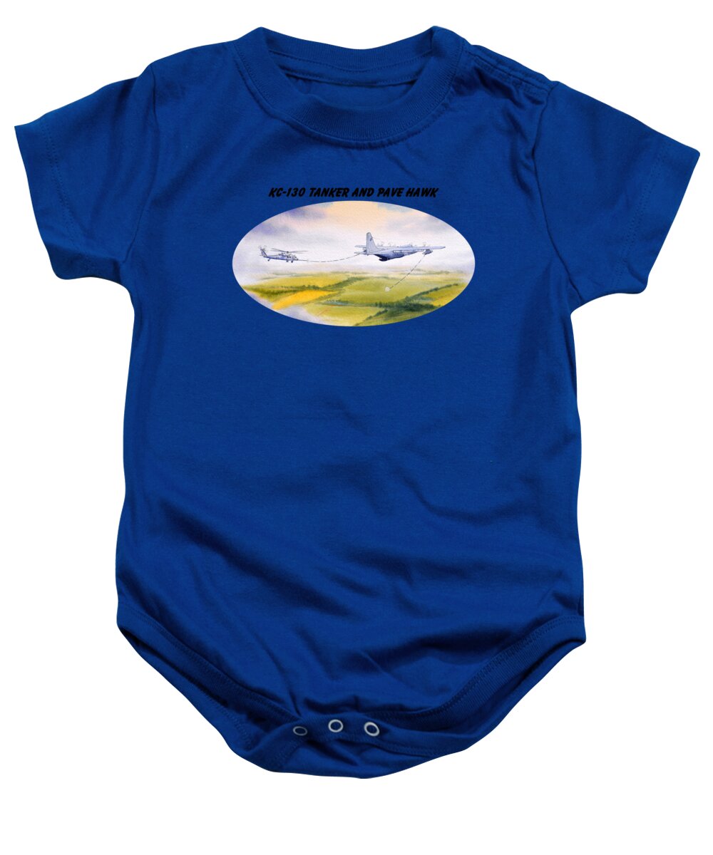 Kc 130 Tanker Aircraft With Banner Baby Onesie featuring the painting KC-130 Tanker Aircraft And Pave Hawk With Banner by Bill Holkham