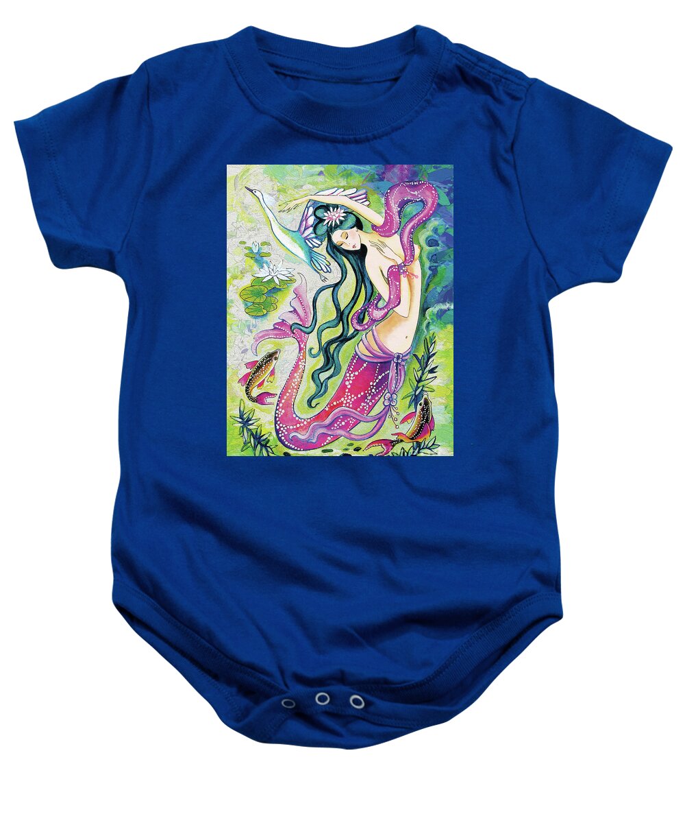 Sea Goddess Baby Onesie featuring the painting Koi Fish Mermaid by Eva Campbell