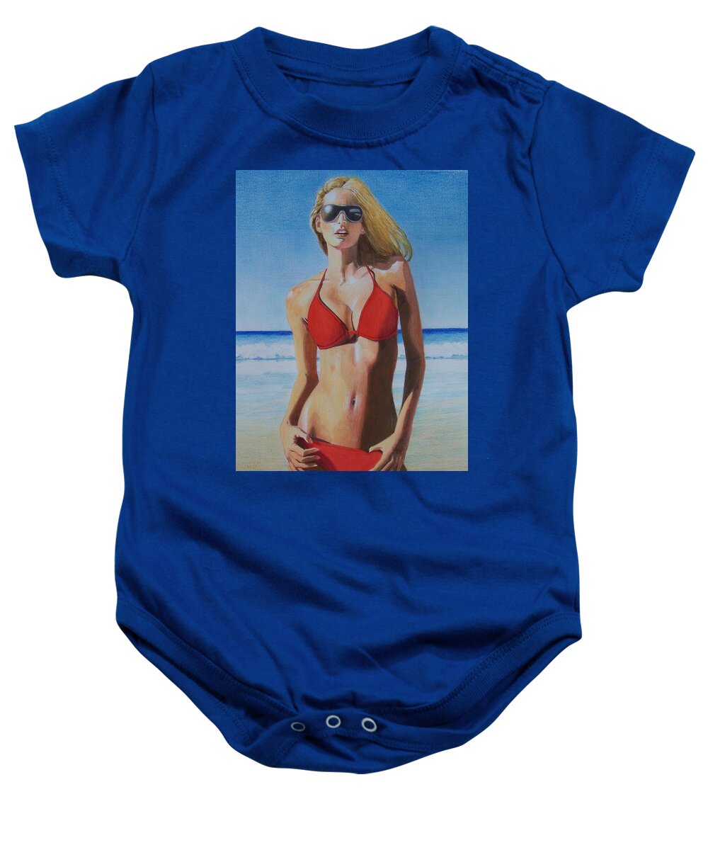 Blue Baby Onesie featuring the mixed media Lady in Red by Constance DRESCHER
