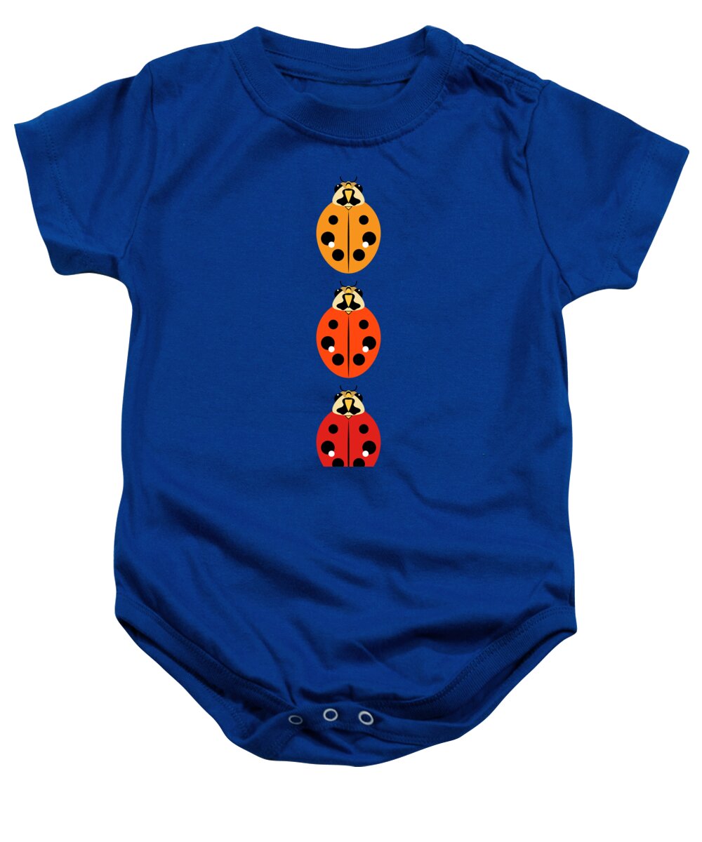 Graphic Animal Baby Onesie featuring the digital art Ladybug Trio Vertical by MM Anderson