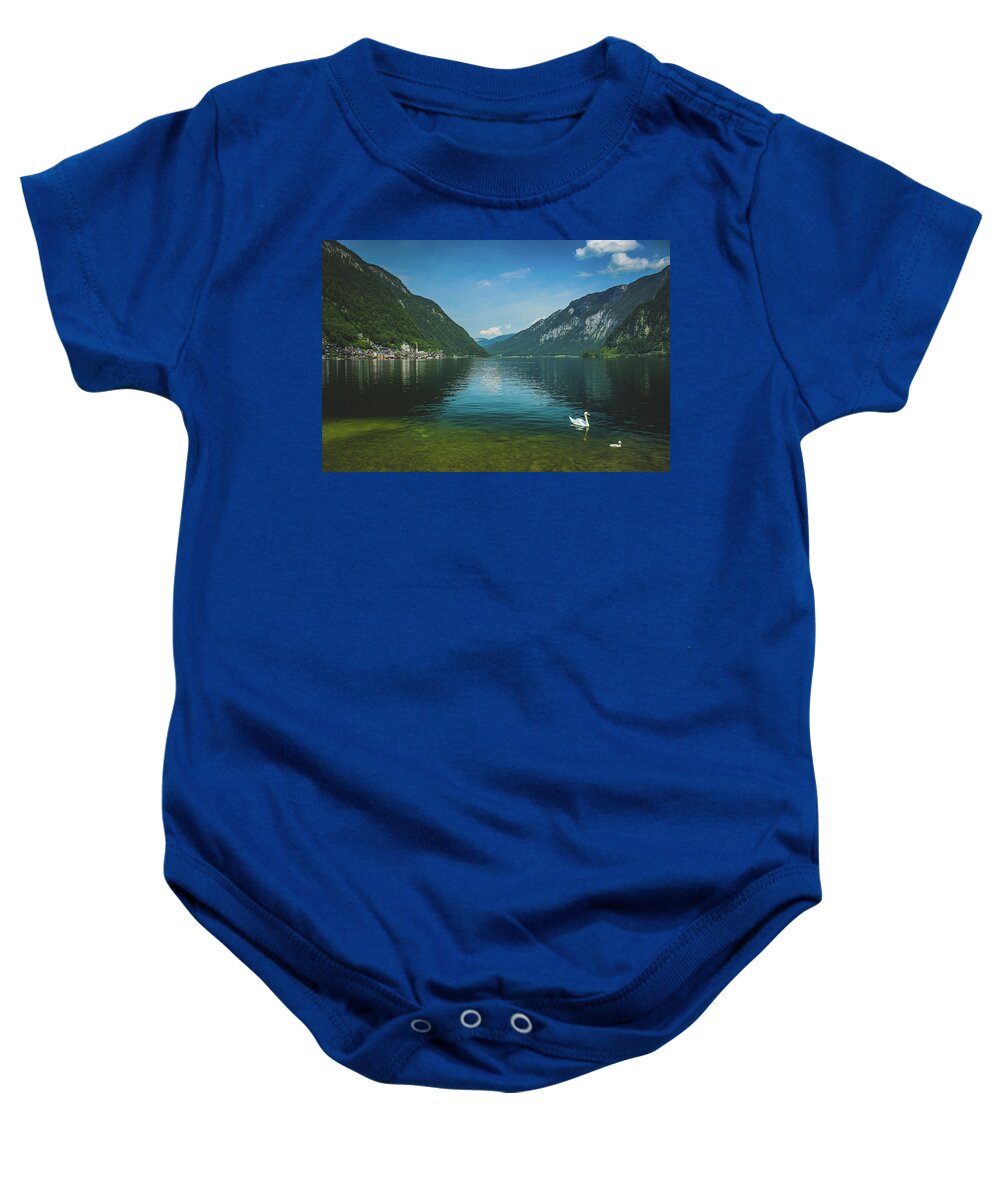 Animal Baby Onesie featuring the photograph Lake Hallstatt Swans by Andy Konieczny