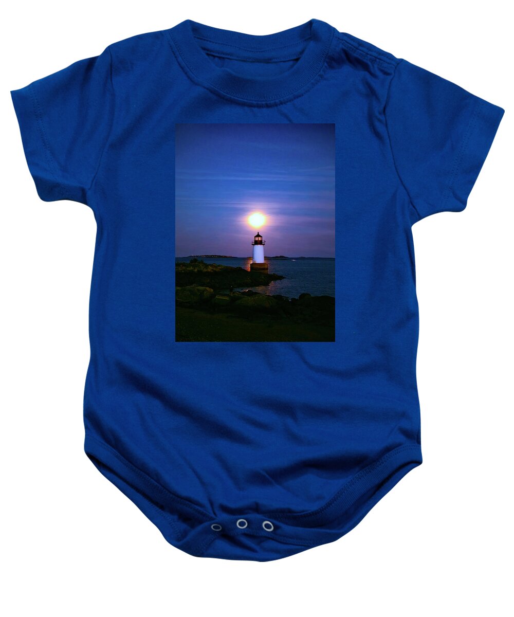 Lighthouse Baby Onesie featuring the photograph Lighthouse and Full Moon by Lilia S