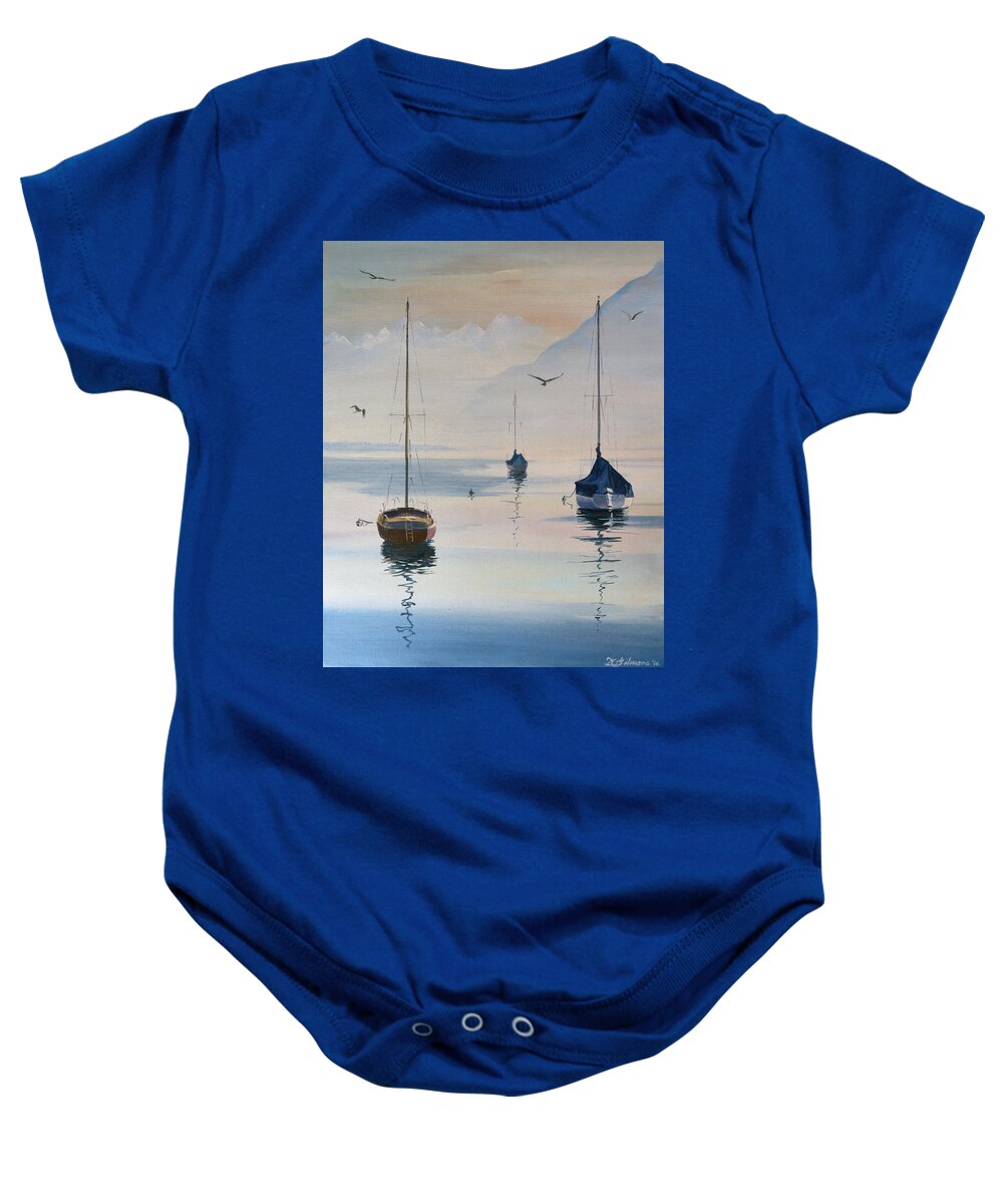 Locarno Baby Onesie featuring the painting Locarno Boats in February-2 by David Gilmore