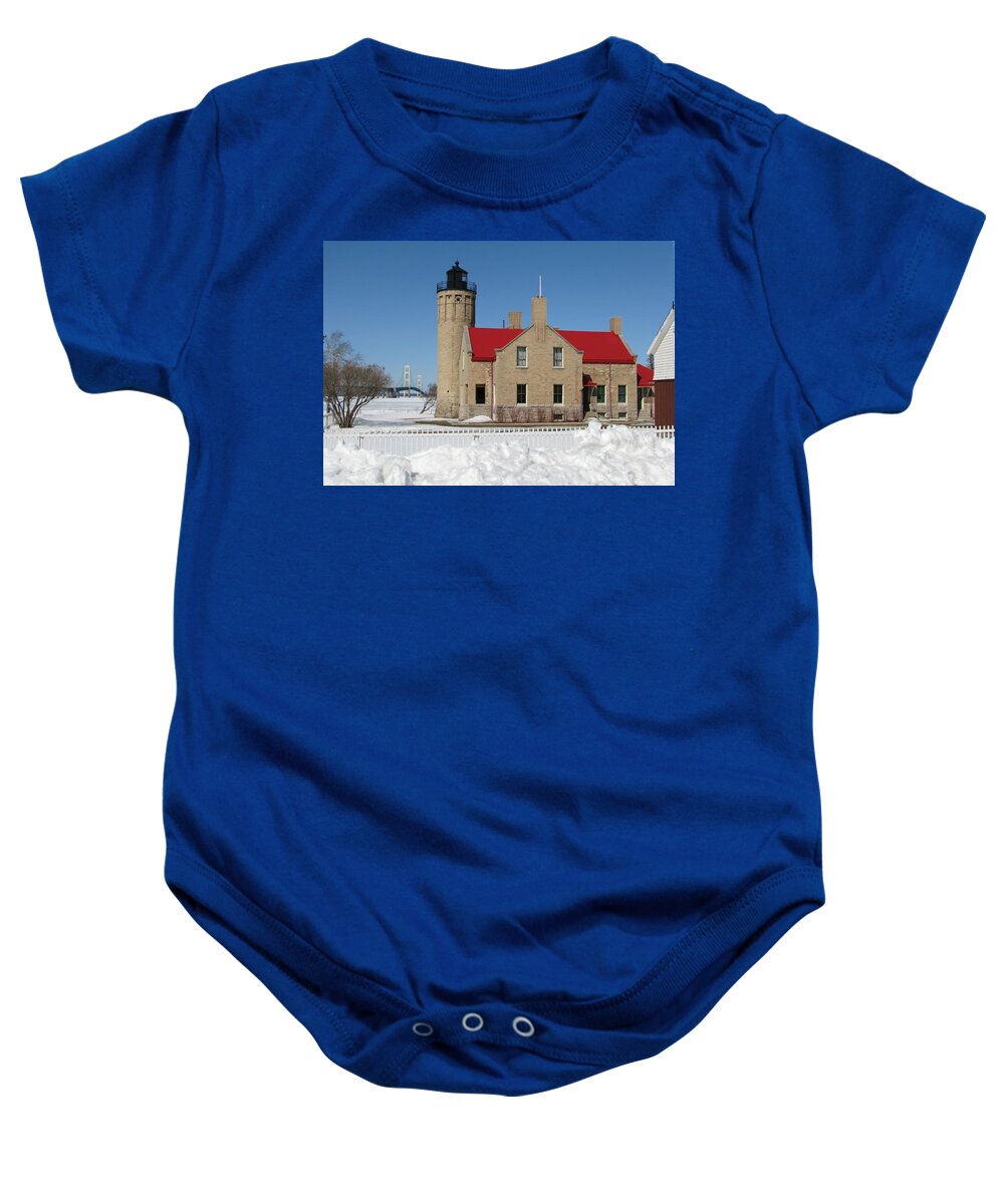 Old Mackinac Point Baby Onesie featuring the photograph Mackinac Bridge and Light by Keith Stokes