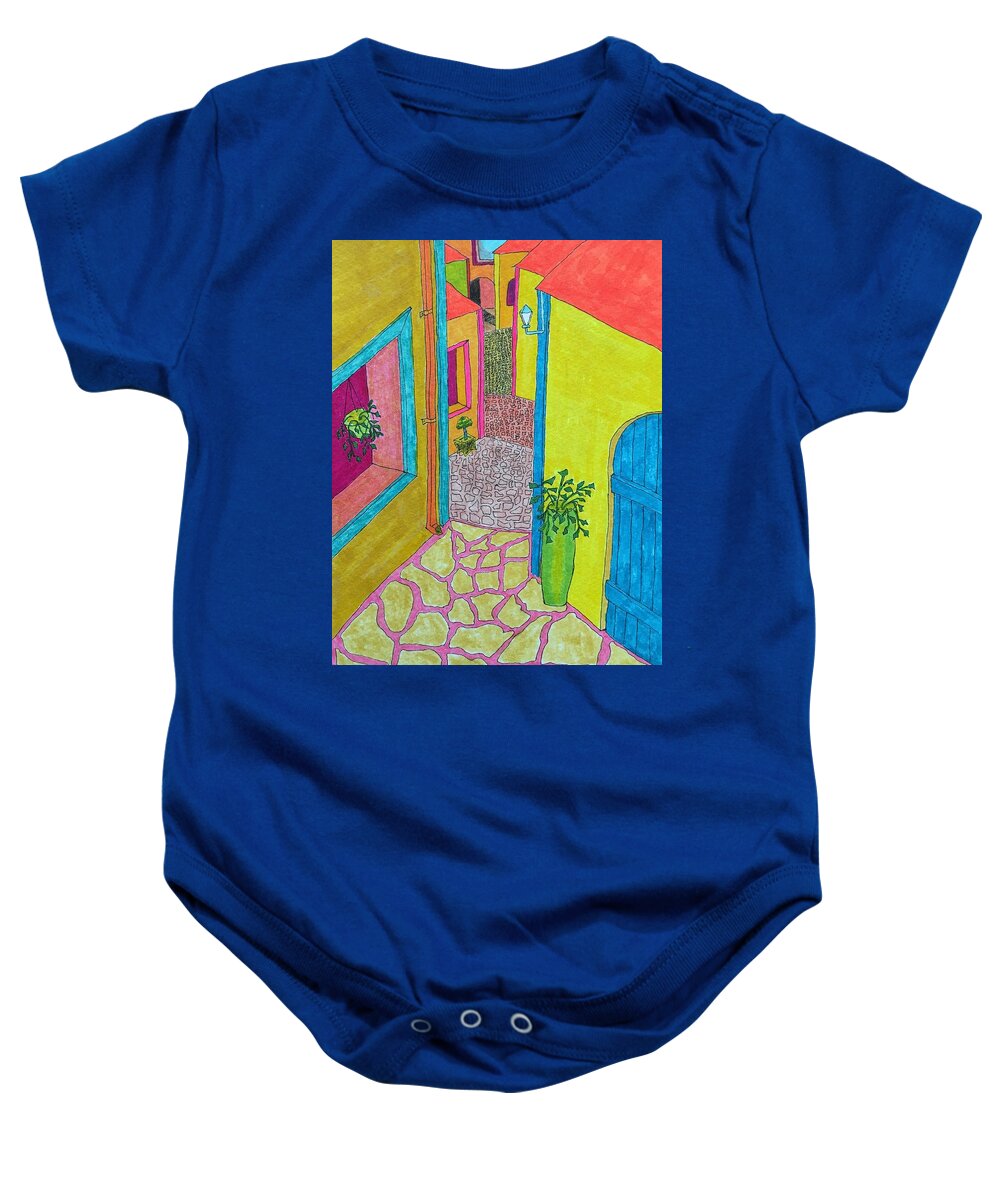 Hagood Baby Onesie featuring the painting Med Town by Lew Hagood